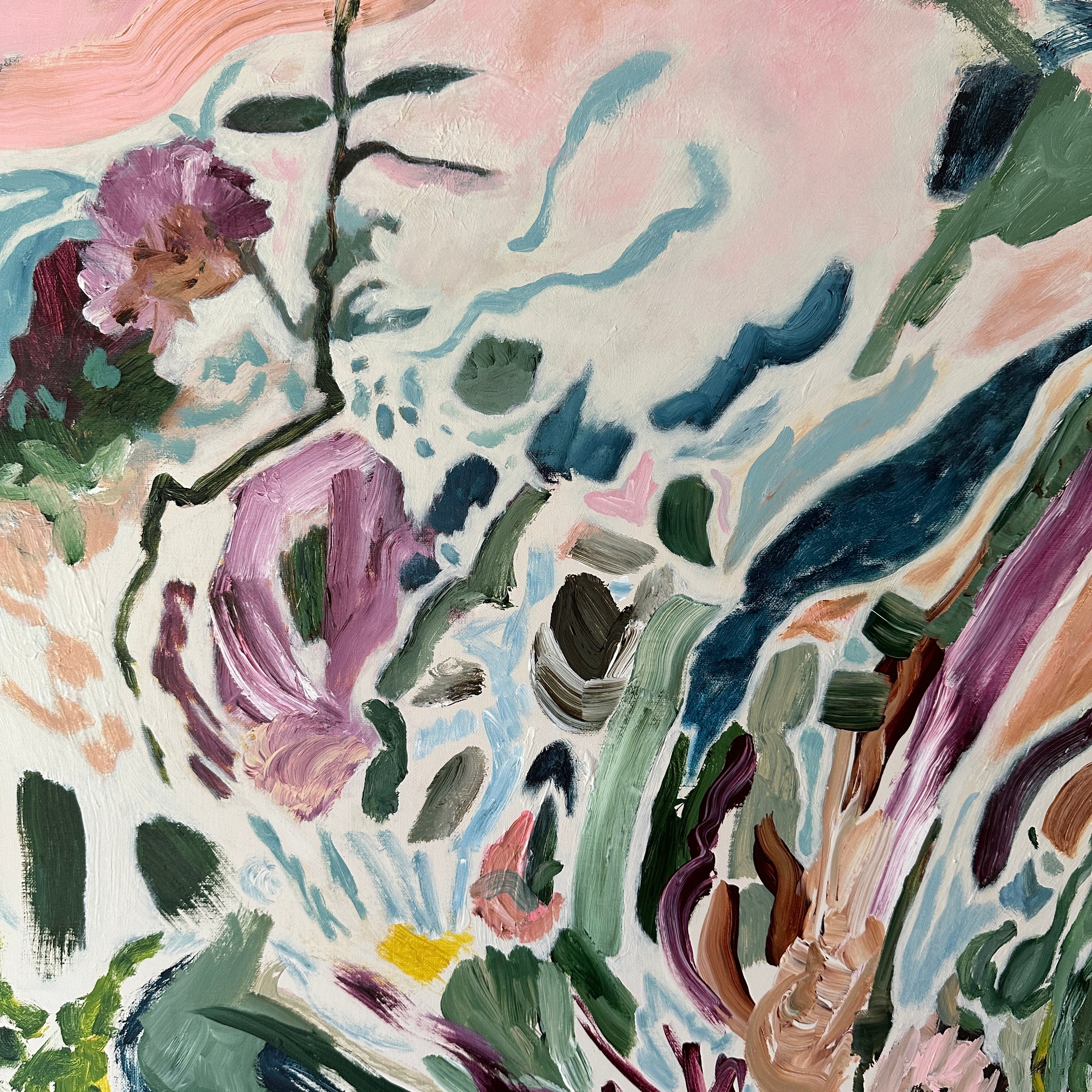 Close-up detail of abstract expressionist painting alluding to flowers in a garden in beige, blue, green, brown, pink and burgundy