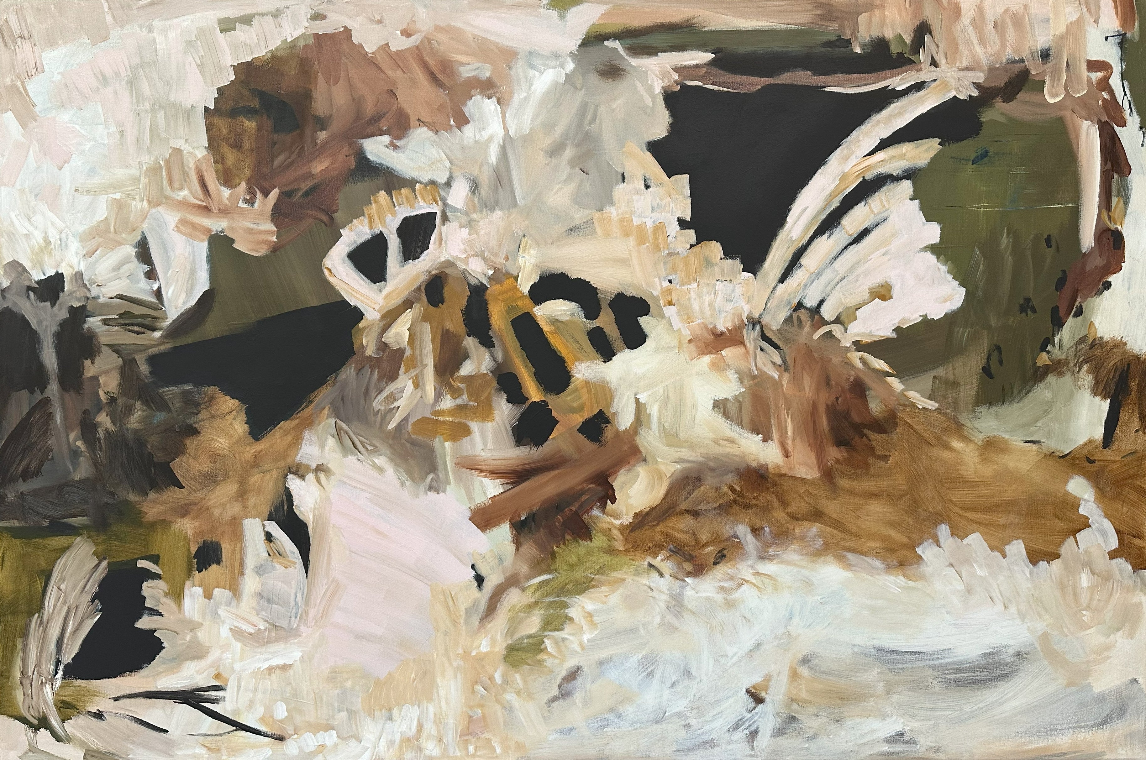 Abstract artwork with expressive brushstrokes in a a mix of brown, black, and white colours.