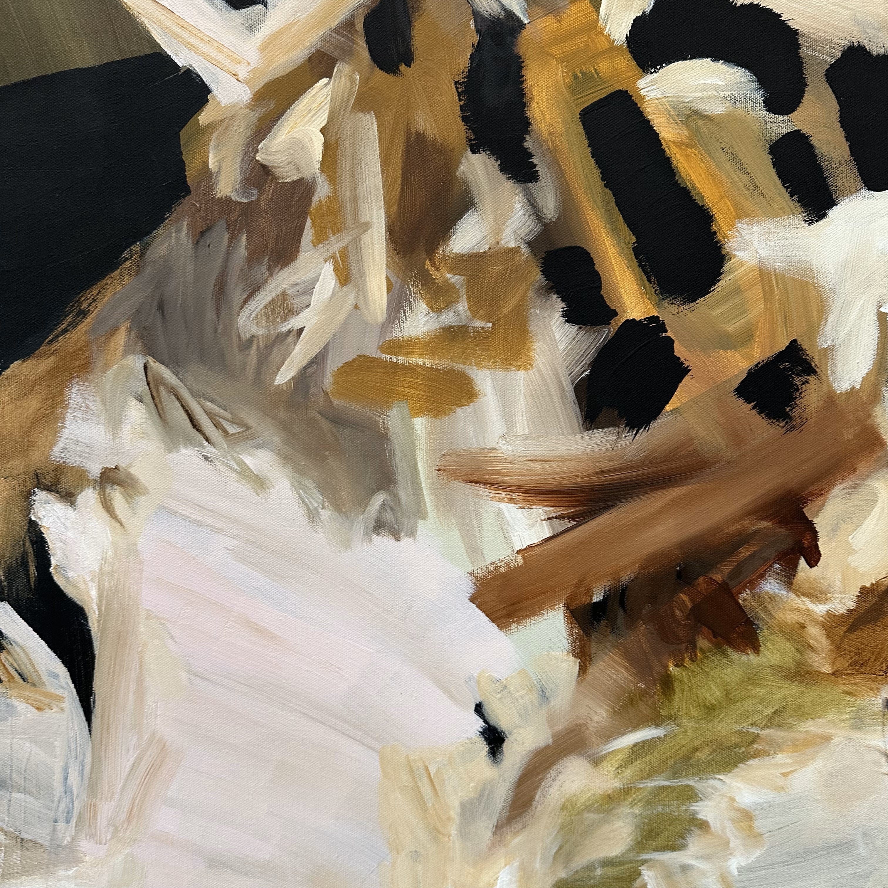 Close up detail of abstract art with brown, black, golden yellow, olive green and white brush strokes