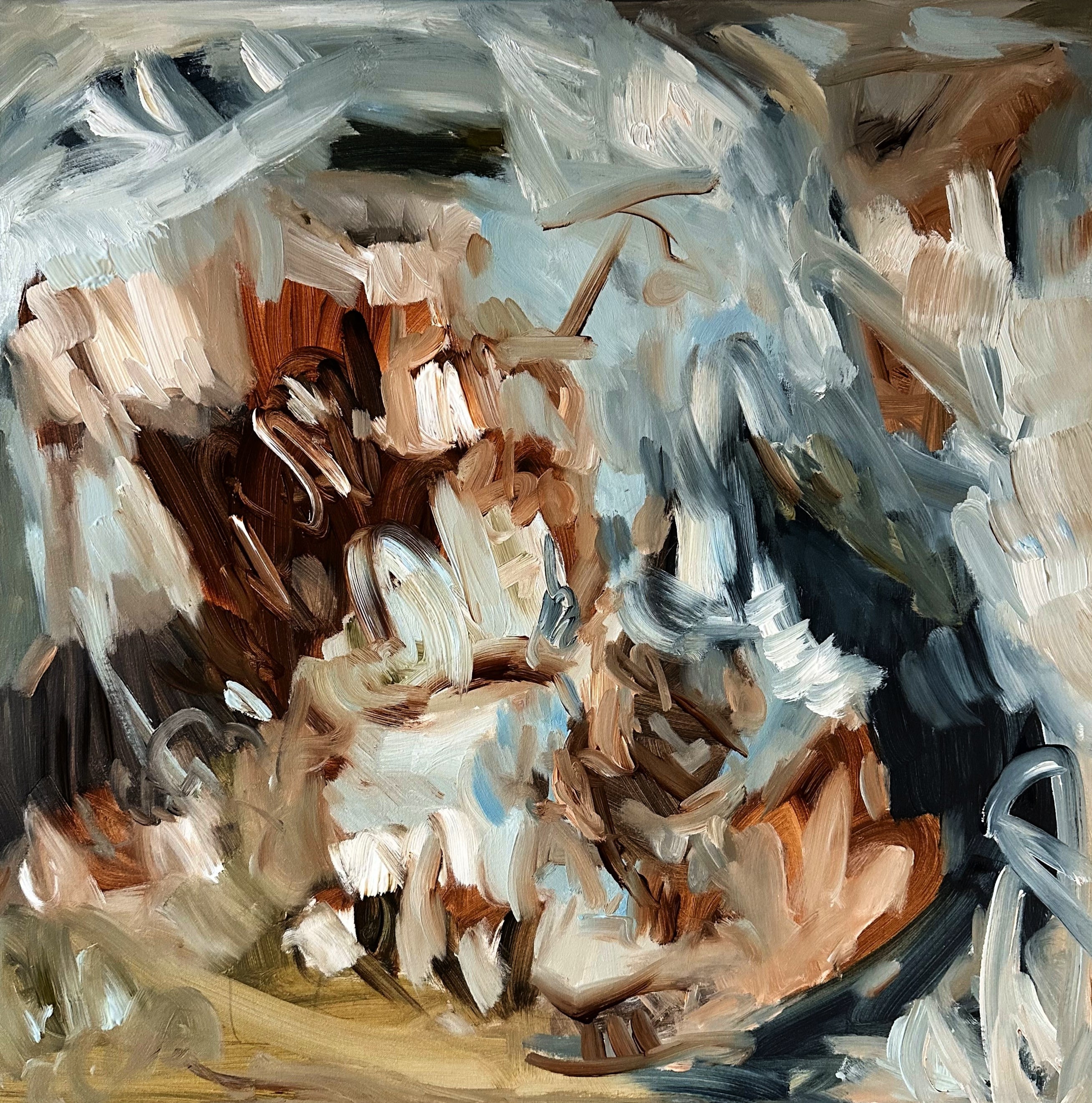 Abstract painting with a mix of brown, blue, and white colors.