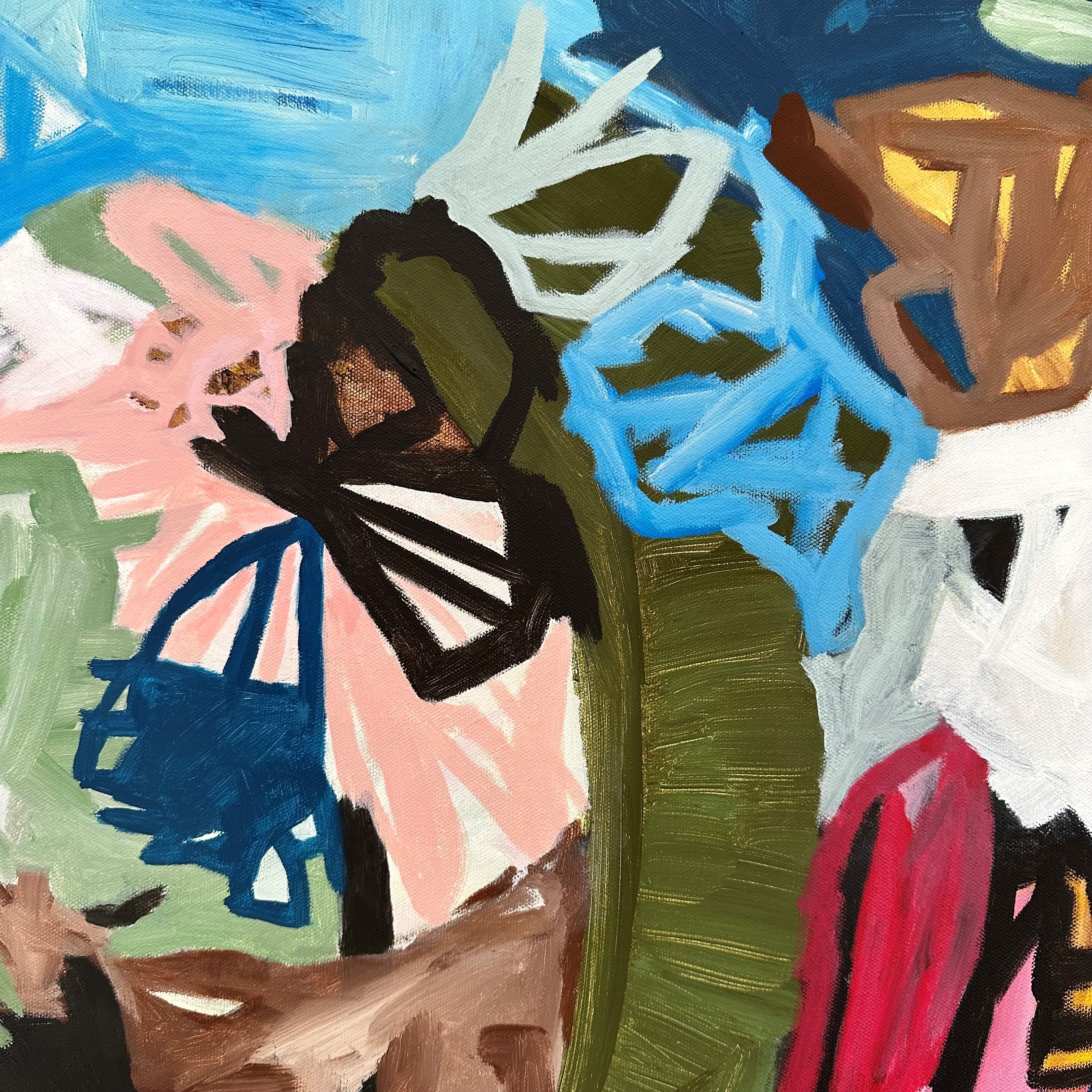 Close-up detail of the brushstrokes of a colourful abstract painting 'Where Its Wild' alluding to nature, flowers and a butterfly in a garden