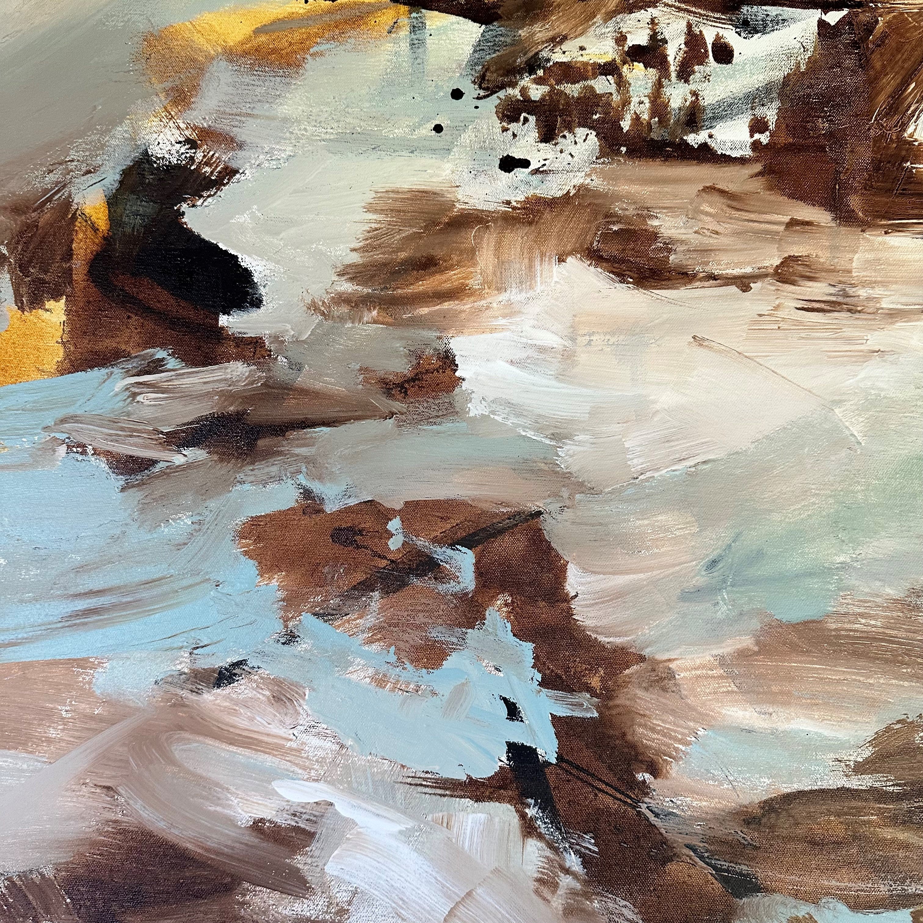 Close-up detail of expressive abstract expressionist painting in light blue, brown, beige, white and ochre