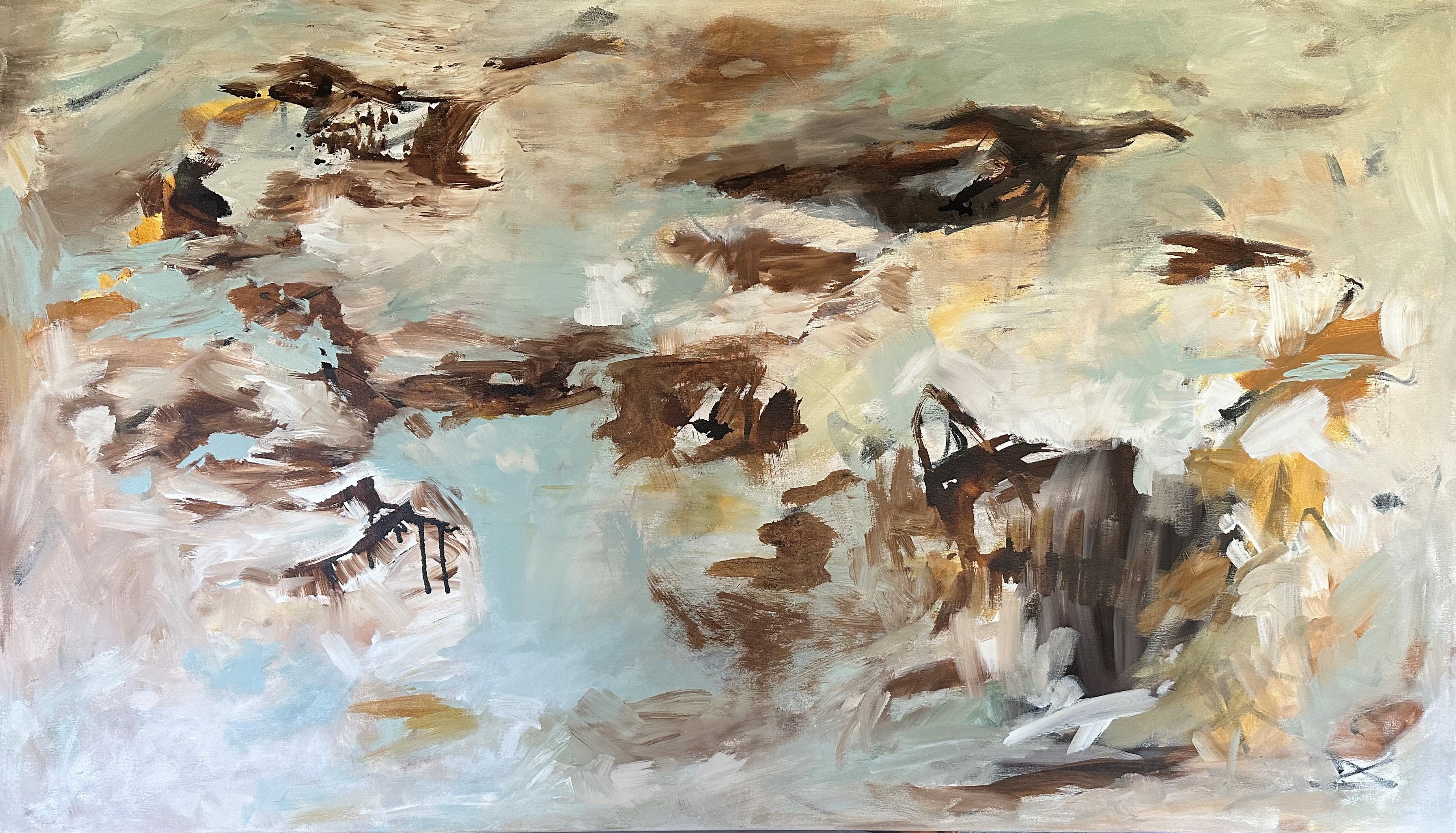 Contemporary abstract expressionist painting "A Place In Time" in light blue, brown, white, beige and ochre - cropped front view