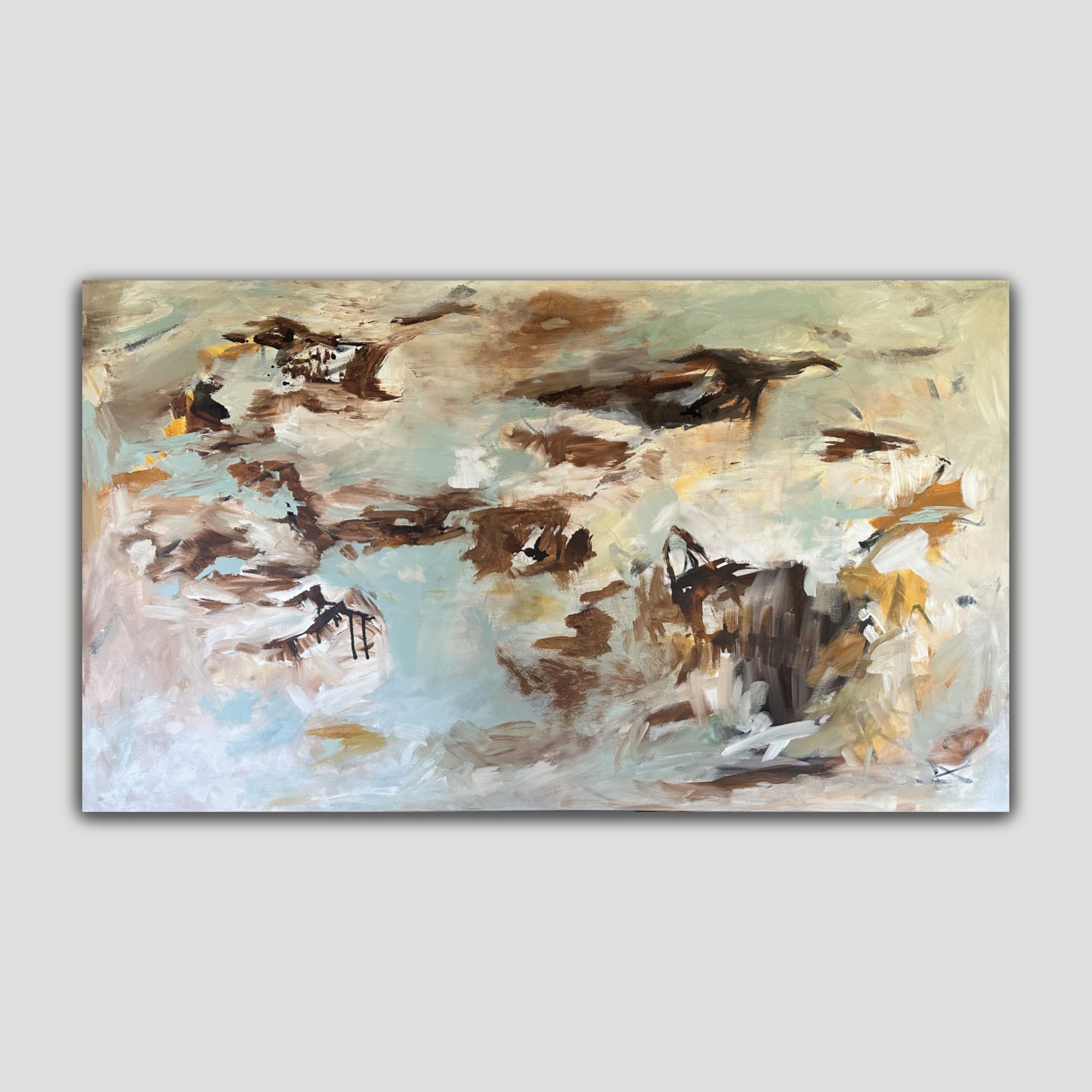 Abstract landscape painting "A Place In Time" in light blue and neutral colours - front view