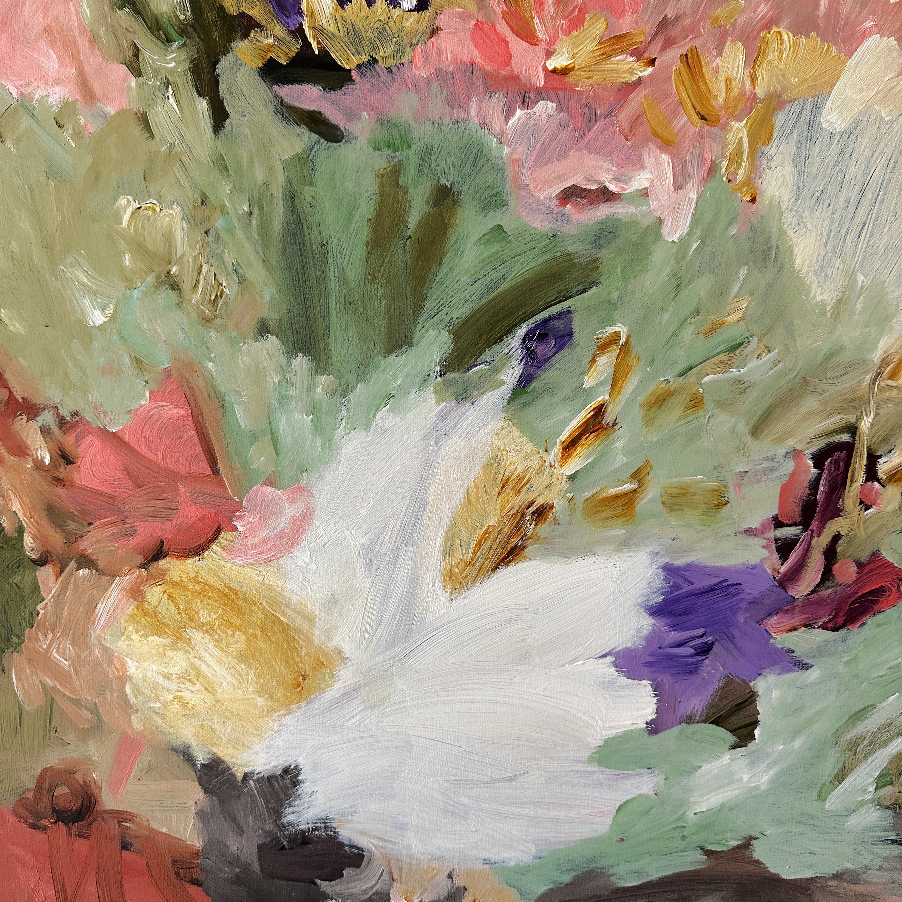Close-up detail of gestural, colourful abstract painting alluding to flowers and nature in green, coral pink, white, purple and yellow