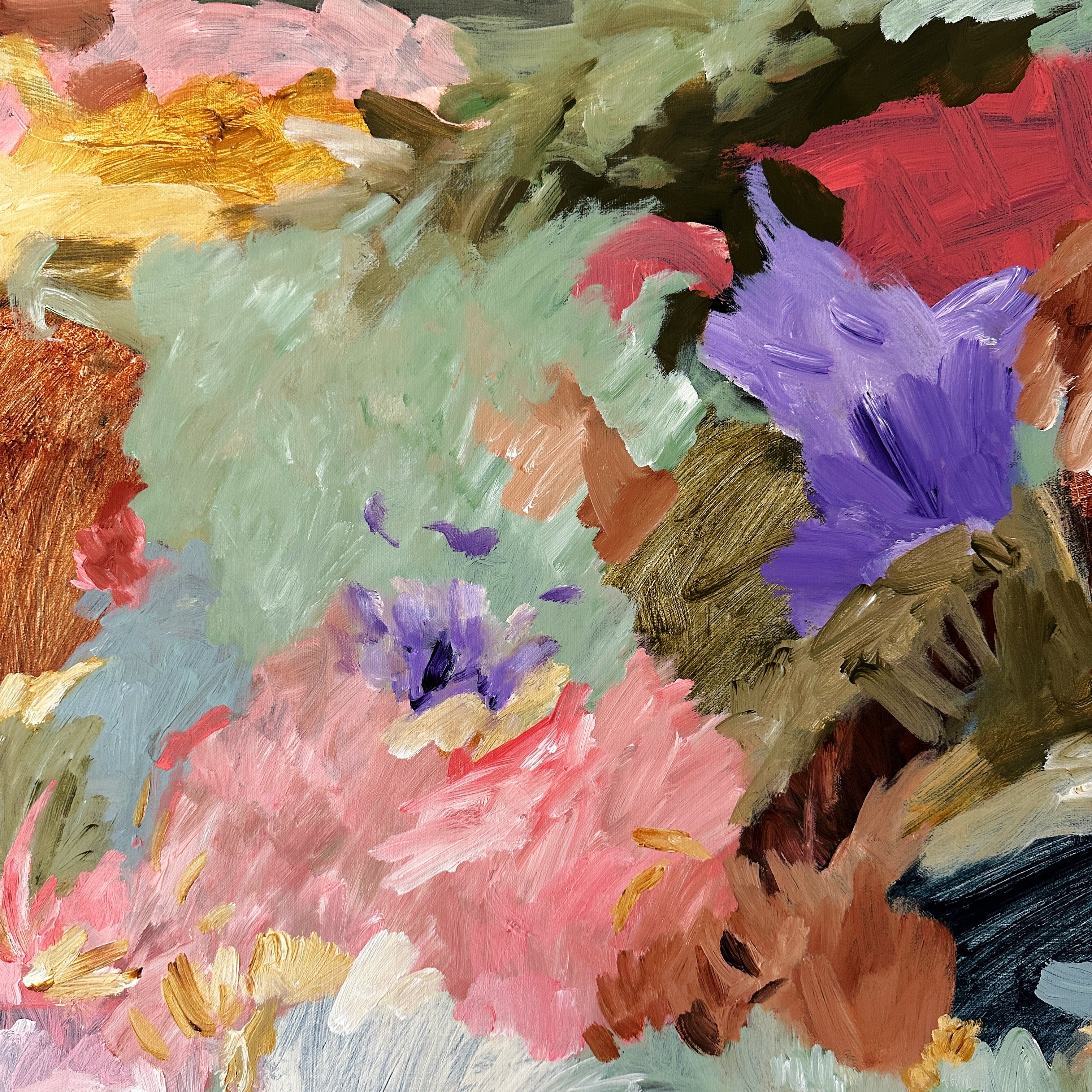 Close-up detail of expressive colourful abstract painting alluding to a landscape of flowers and plants