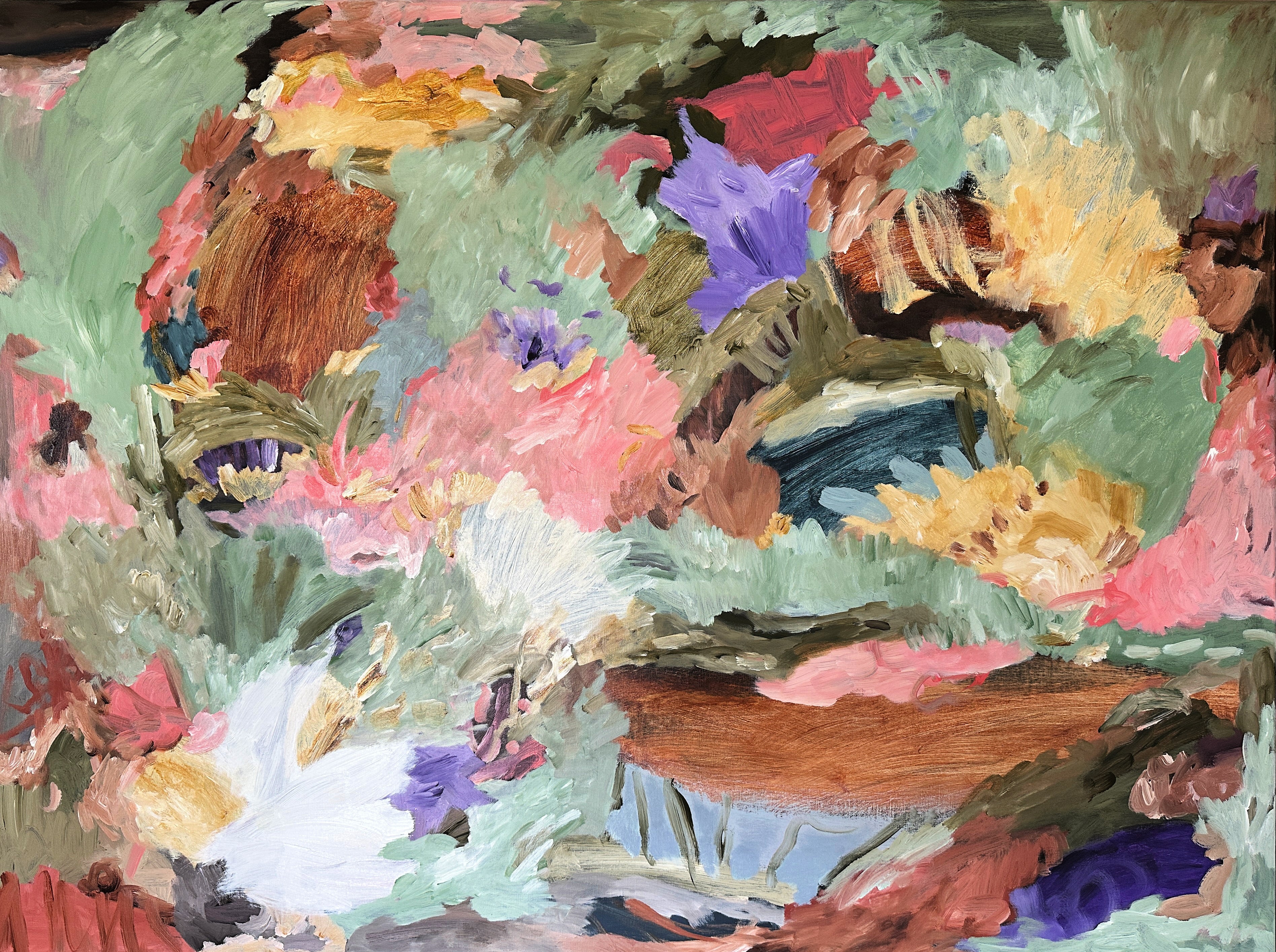 A colourful abstract landscape painting in pink, green, brown, purple and yellow, inspired by a beautiful scene in nature - cropped front view