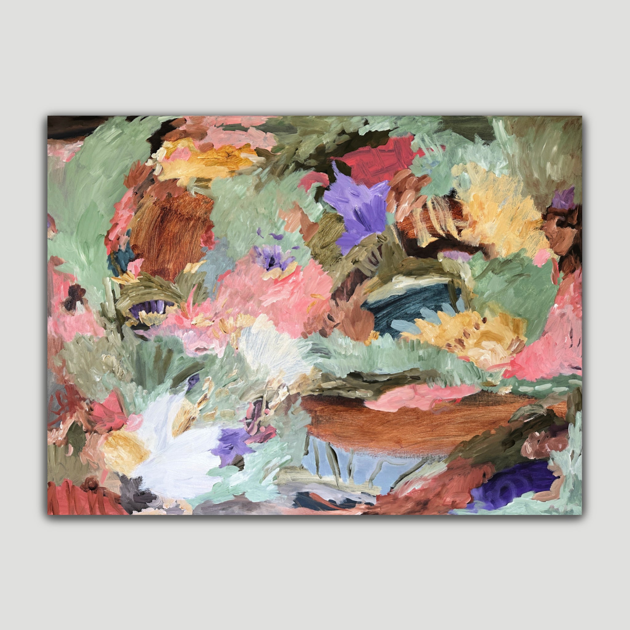 A colourful abstract painting that alludes to a beautiful, colourful landscape in your dreams, with blooming flora - front view