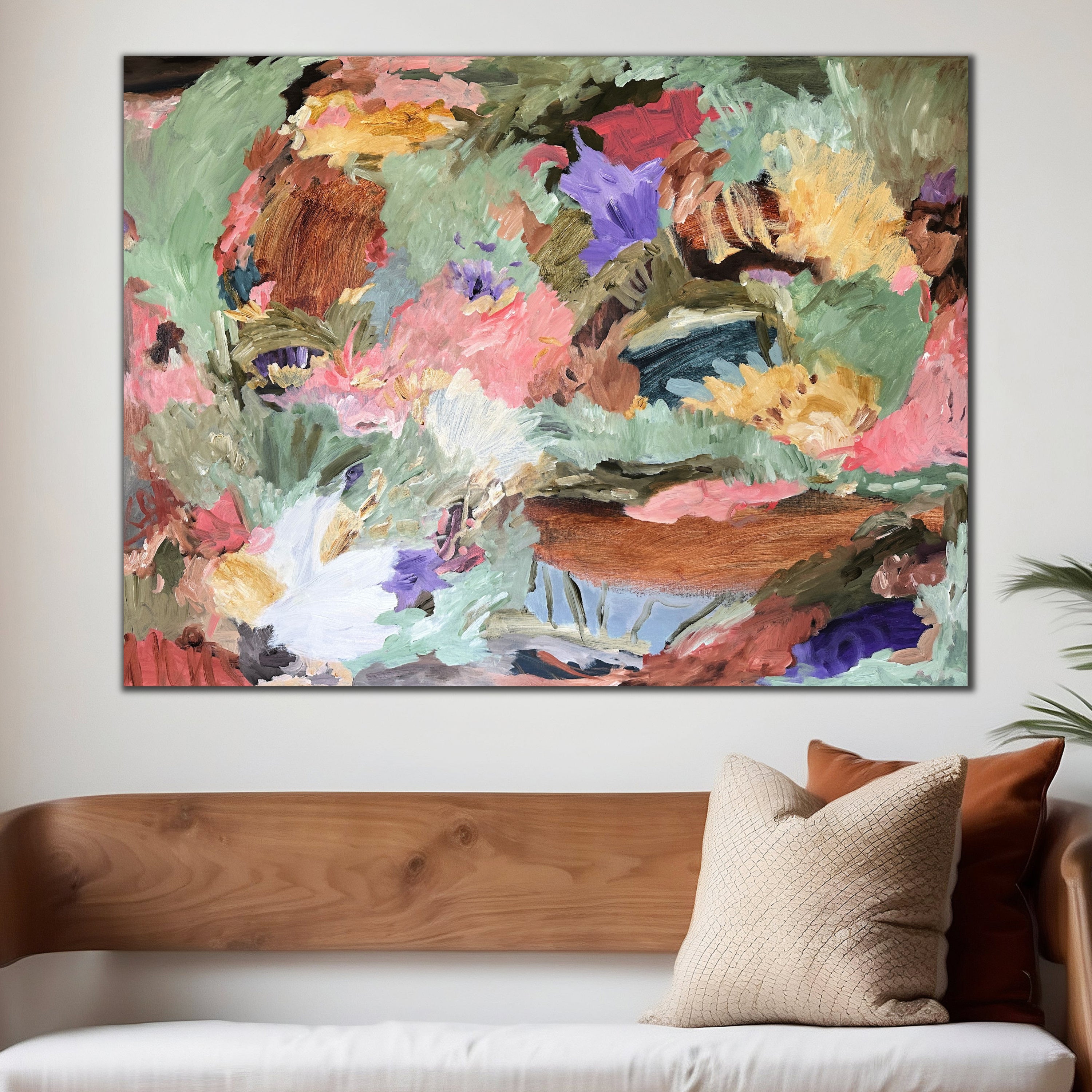 Modern abstract painting "A Place To Dream" of a landscape that evokes happiness and wonder hanging in a modern home with neutral furnishings