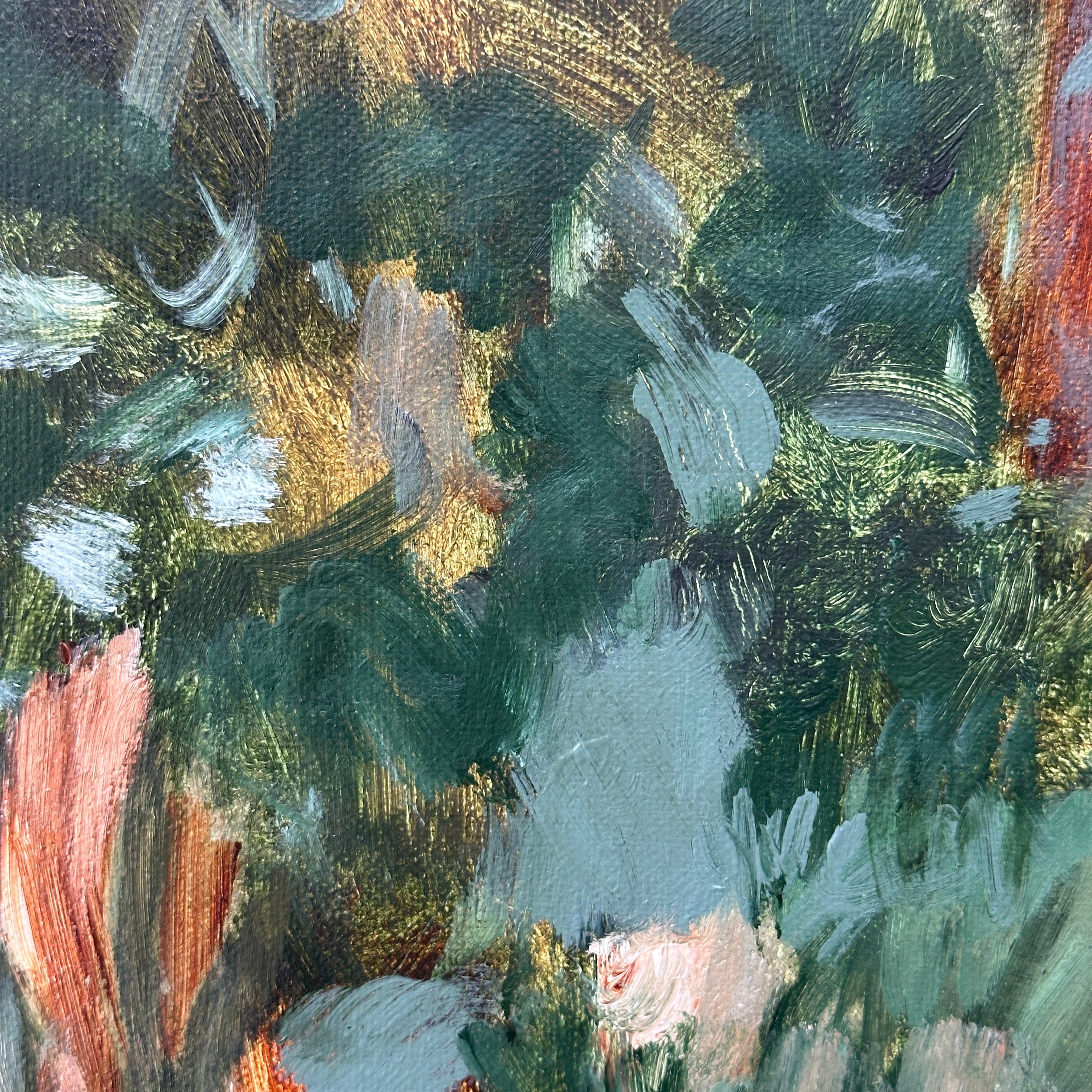 Close-up detail of abstract painting with expressive, gestural brushstrokes and layers in green and brown colours