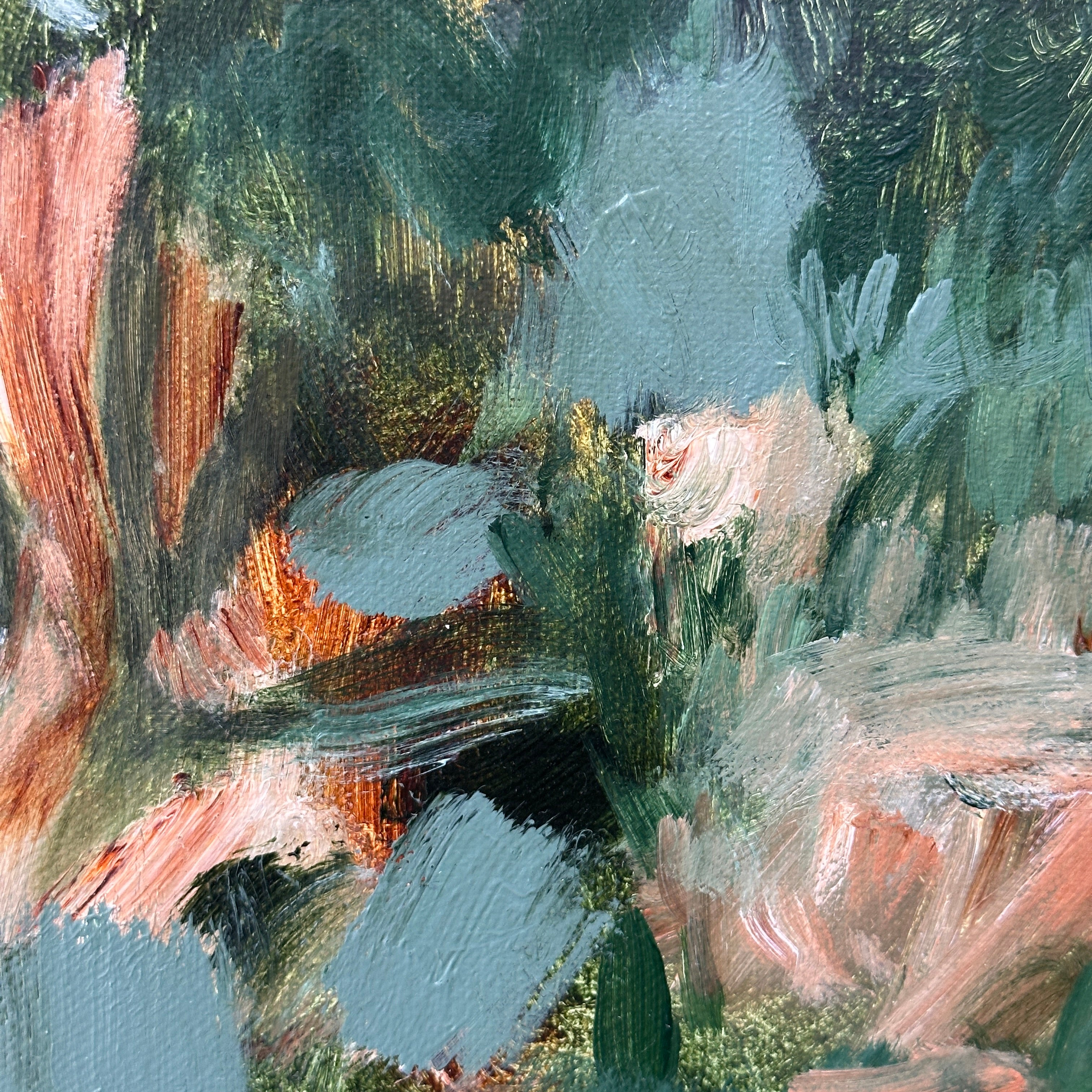Close-up detail of abstract painting in natural colour tones of green and browns
