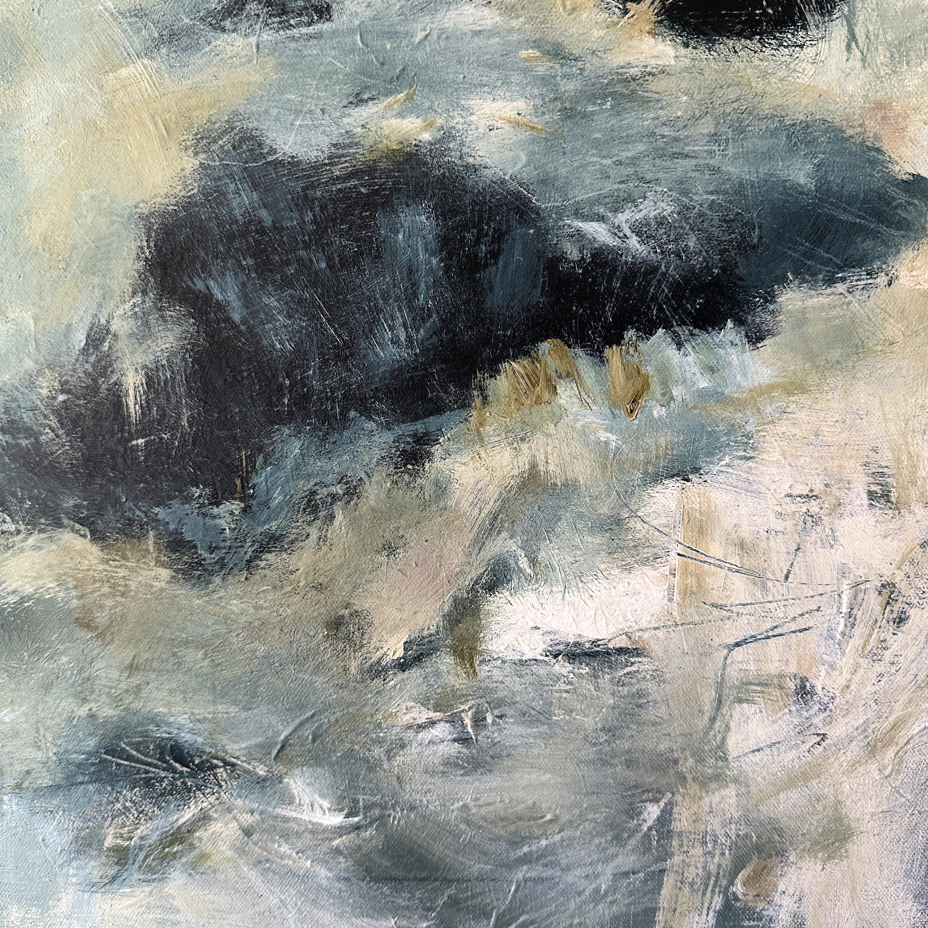 Detail image of contemporary abstract painting in navy blue, white, blue, grey and olive green