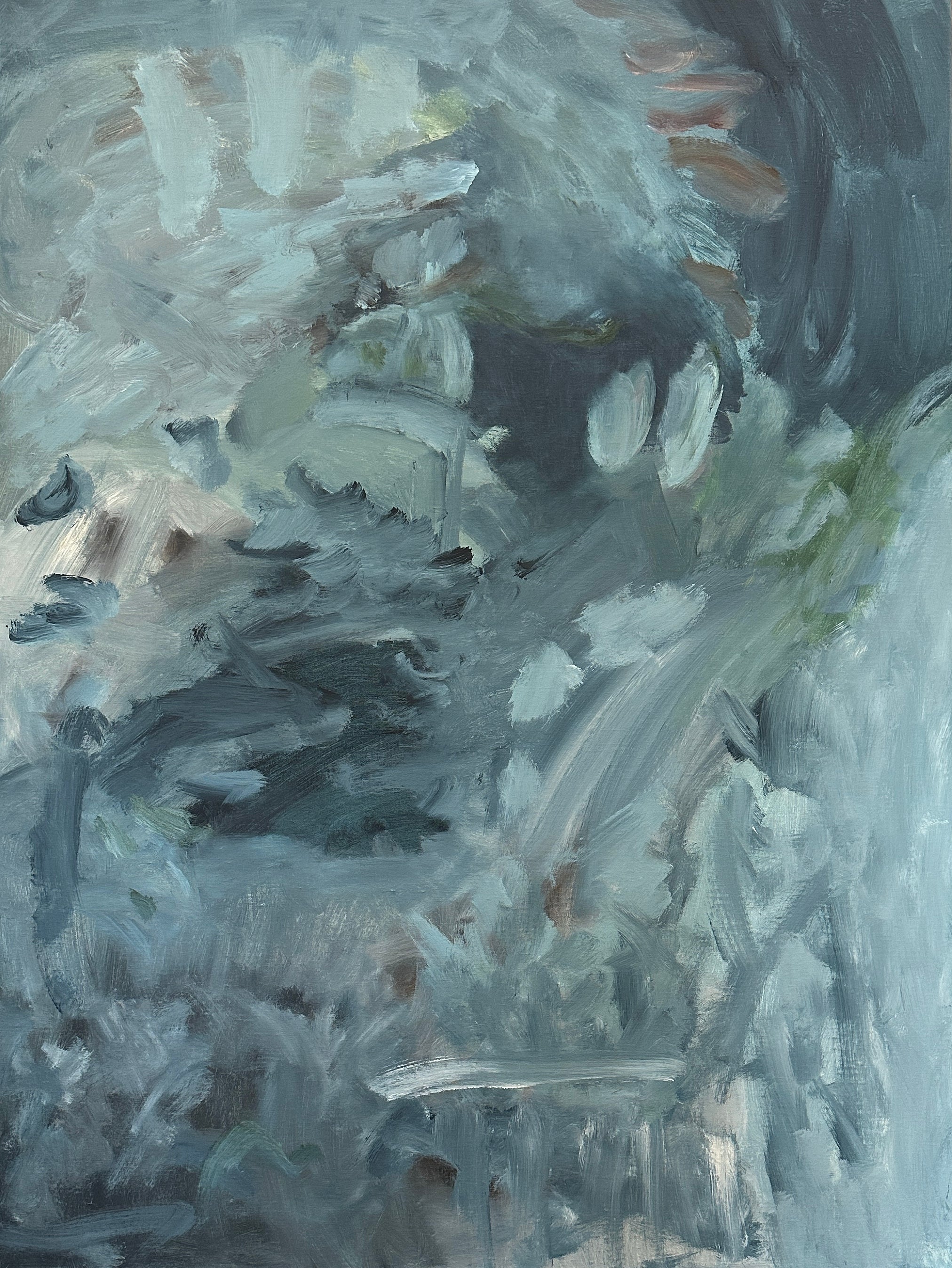 Blue abstract painting with moody feel and gestural brushstrokes - cropped front view