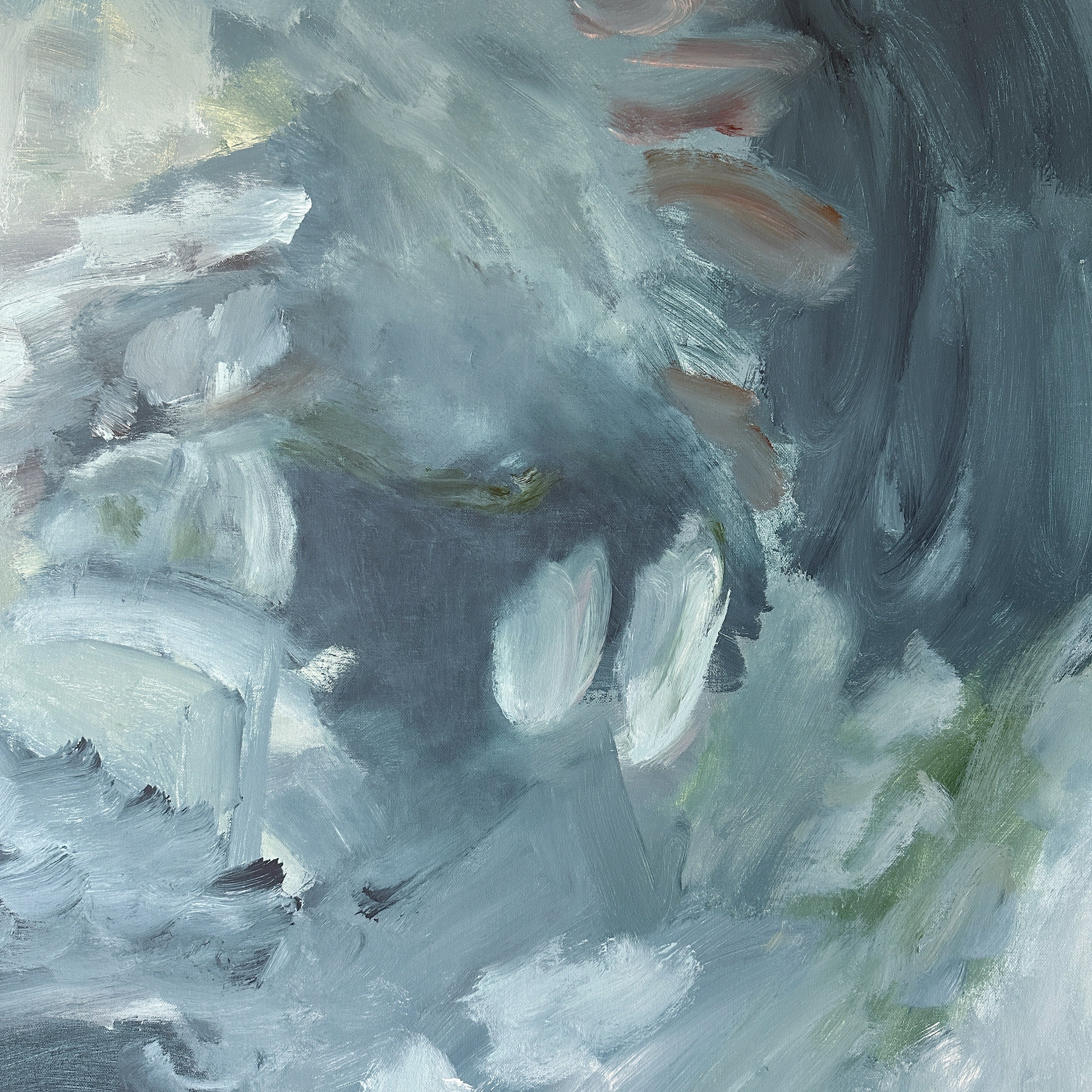 Close-up detail of painterly gestures of blue abstract painting on canvas