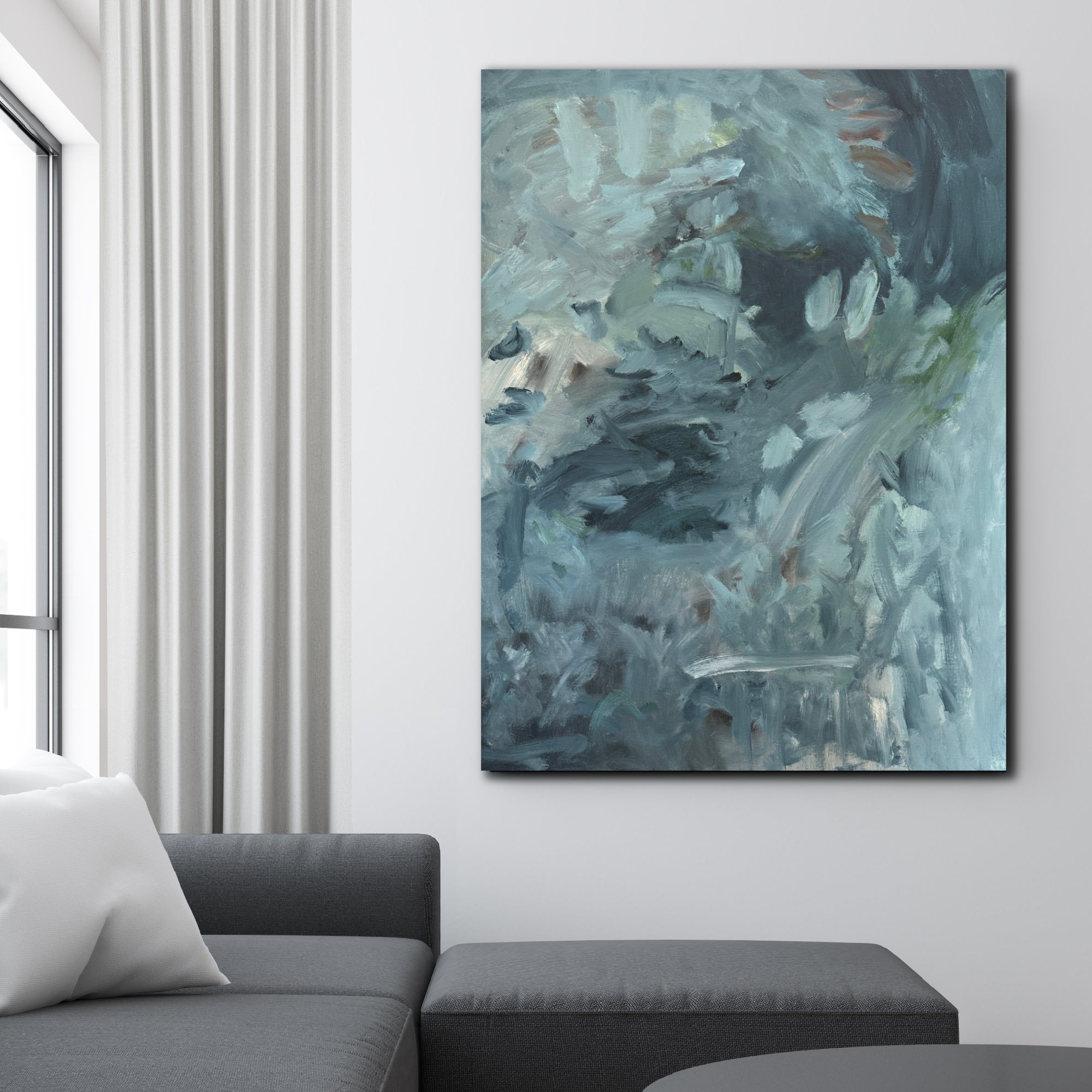 Abstract painting "Dancing In The Shadows" on wall above a sofa in a living room