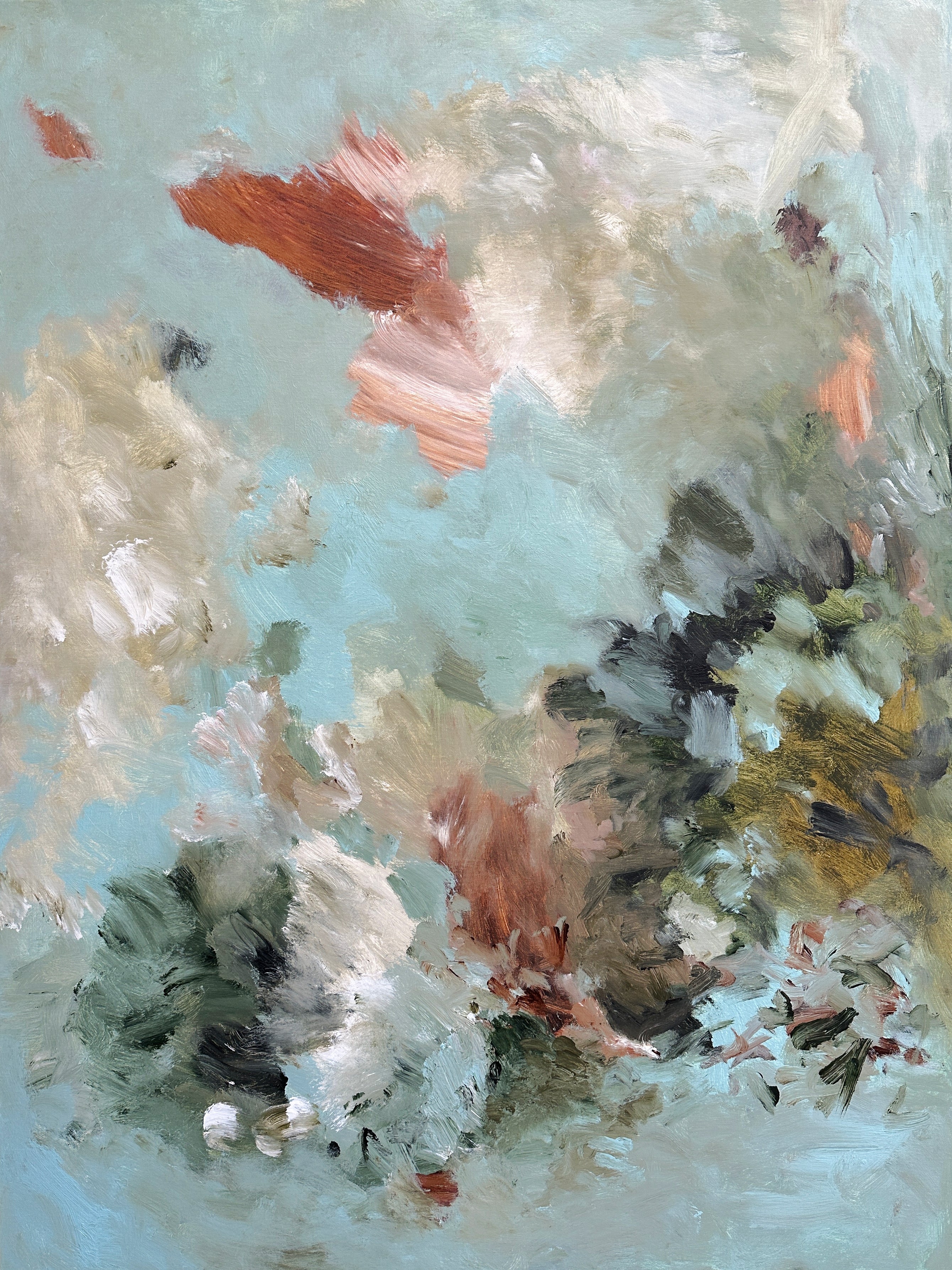Contemporary abstract painting with calming feel in light blue, green, white, beige and brown colours
