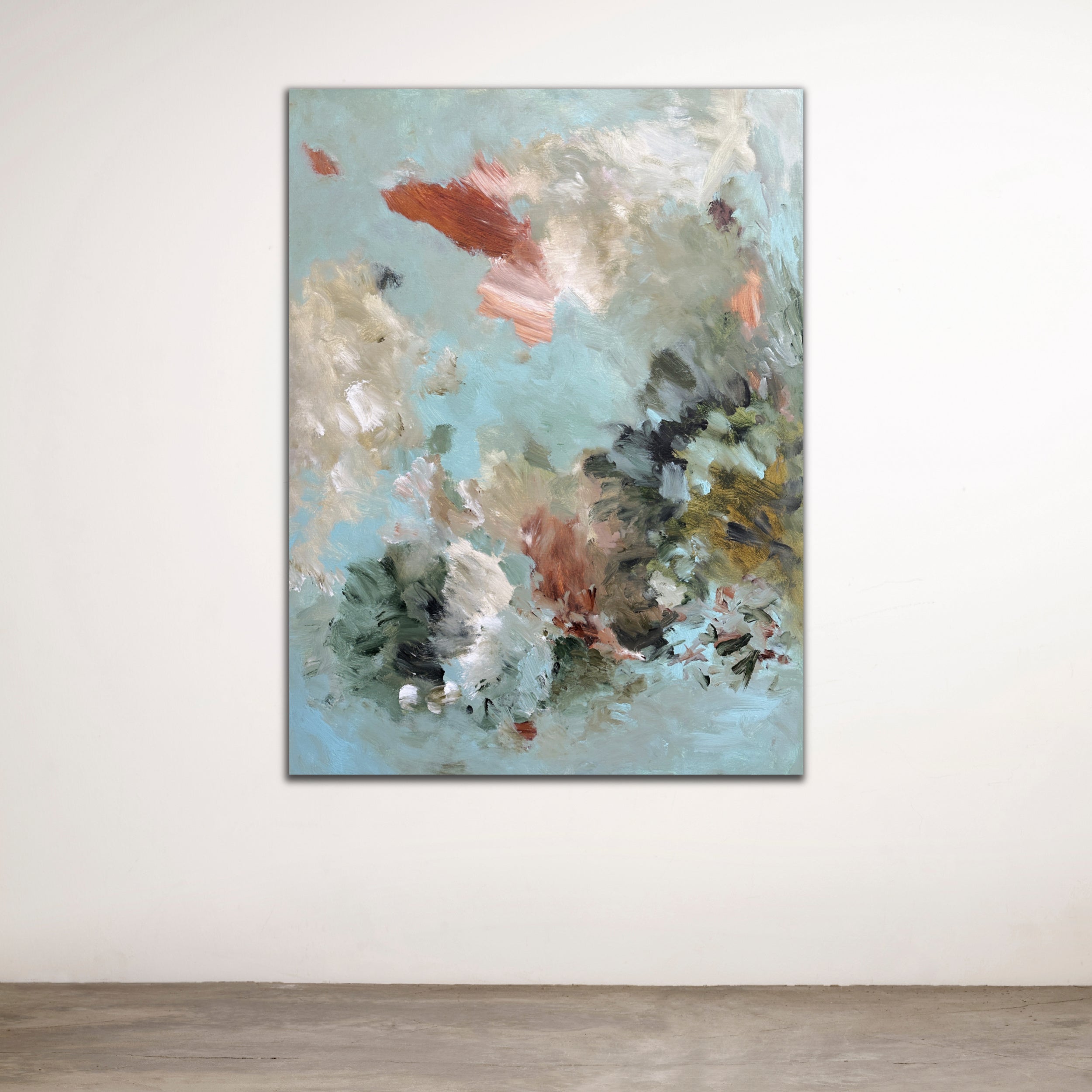 Contemporary abstract painting in expressionist style hanging on gallery wall