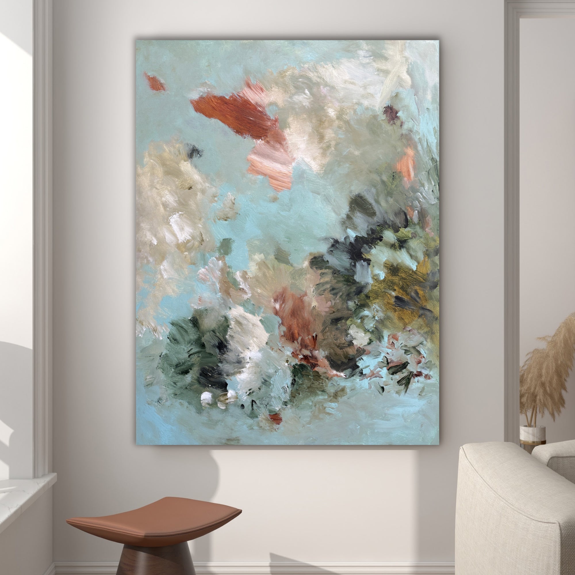 Expressive, gestural abstract painting with an atmospheric feel, in soothing natural tones