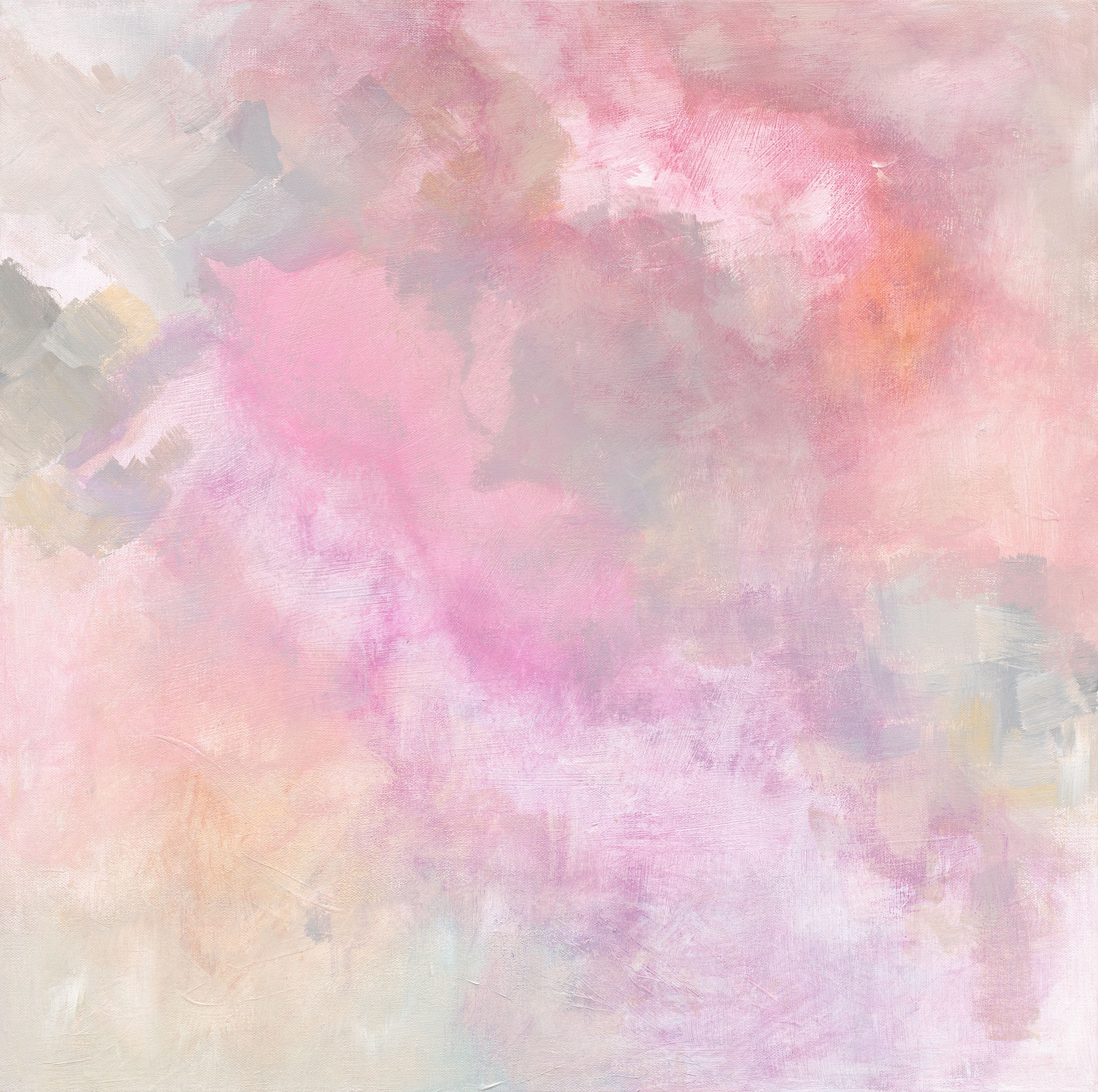 Pretty abstract painting in soft pink, mauve , grey and white tones - cropped front view