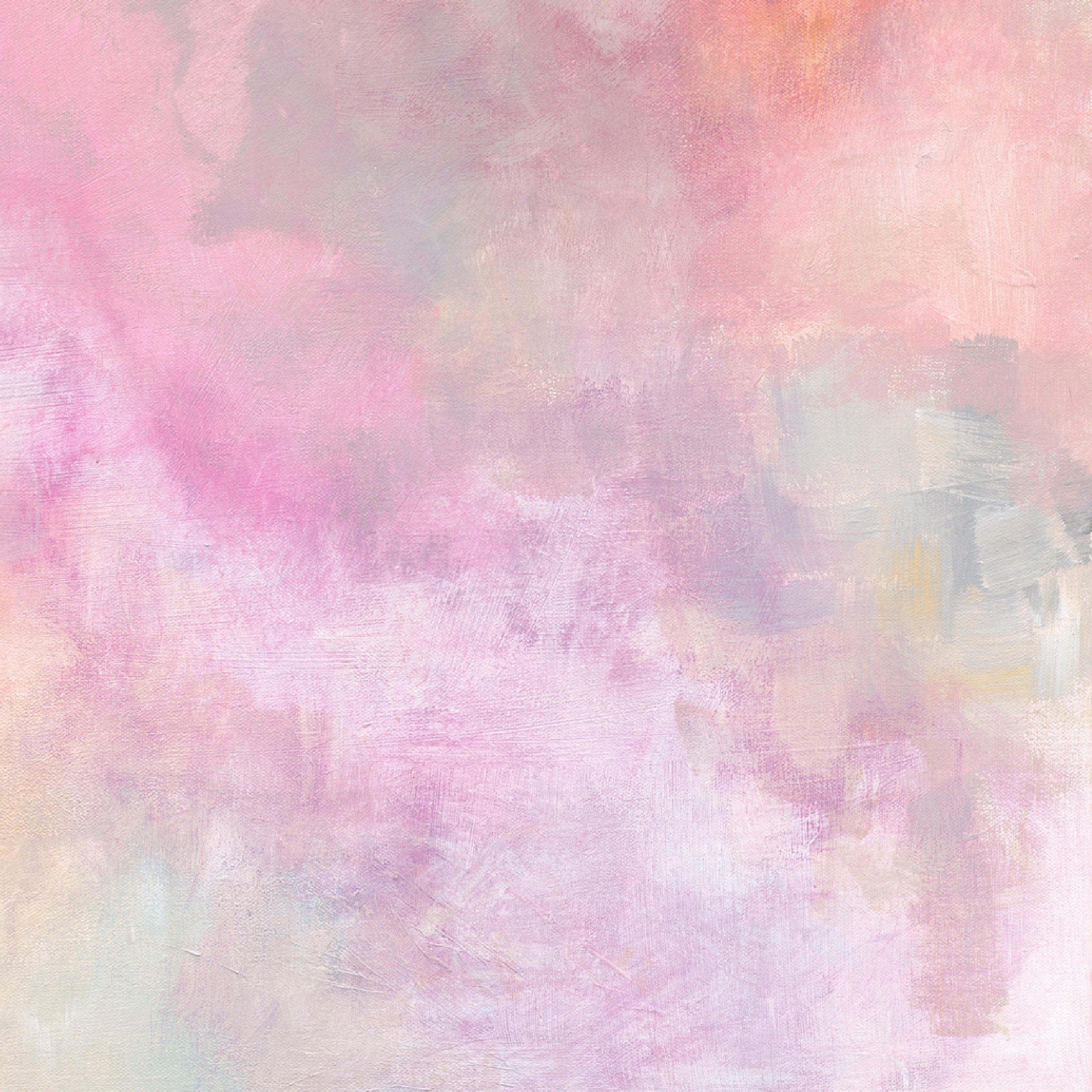 Close up detail of abstract painting on canvas with gentle brushstrokes in pink, mauve, grey and neutral colours