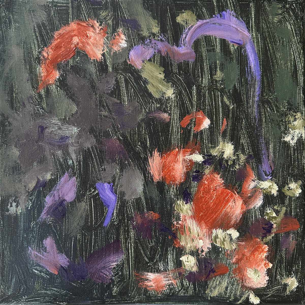 Evermore is an original abstract painting featuring expressive gestural brushwork and layered movement with subtle references to atmosphere and the natural world, where flowers and leaves are seen to be floating in the breeze. - in dark green. black, soft sage green, purple and rusty red/coral tones.