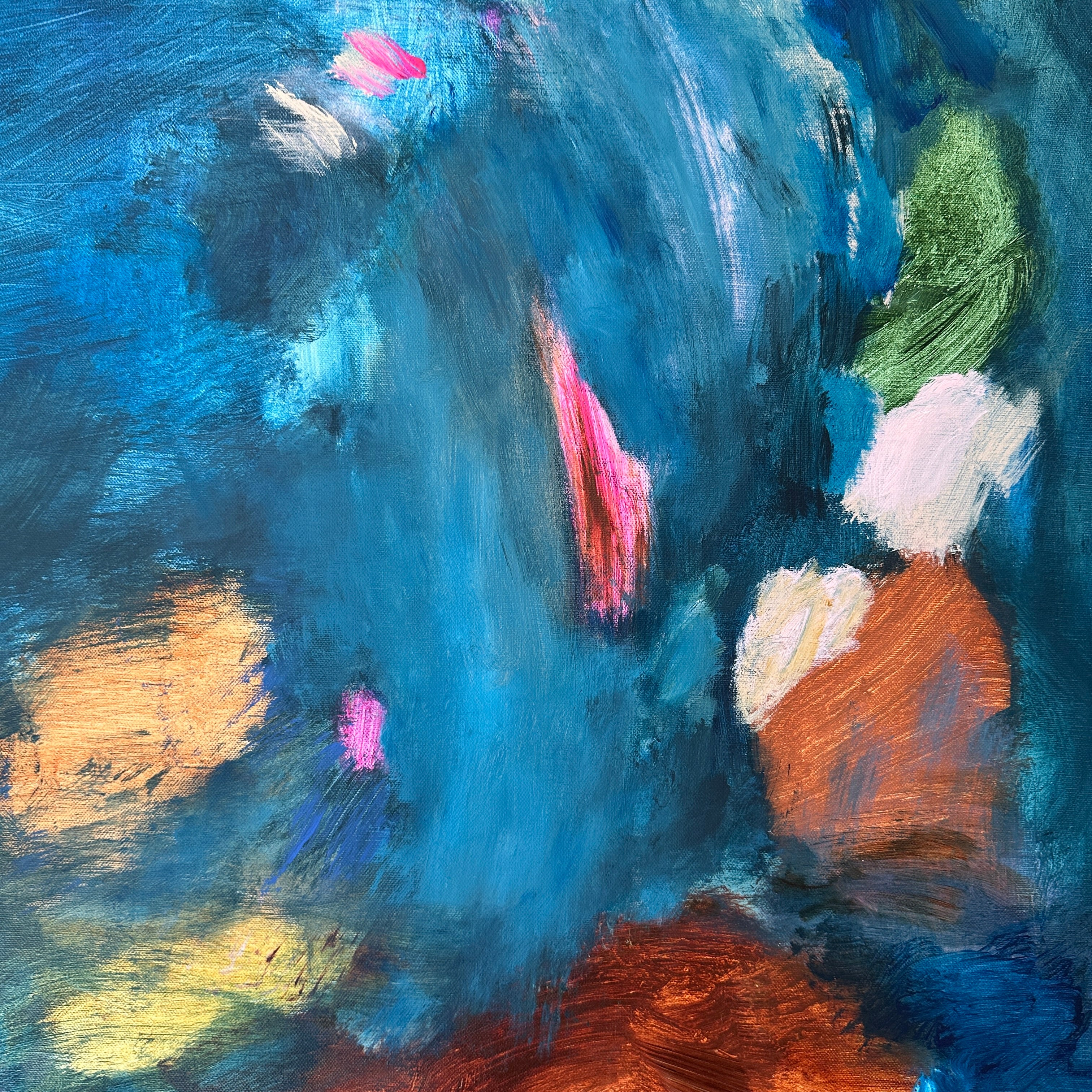 Close-up detail of expressive abstract painting on canvas with sweeping brushstrokes in various colors and textures