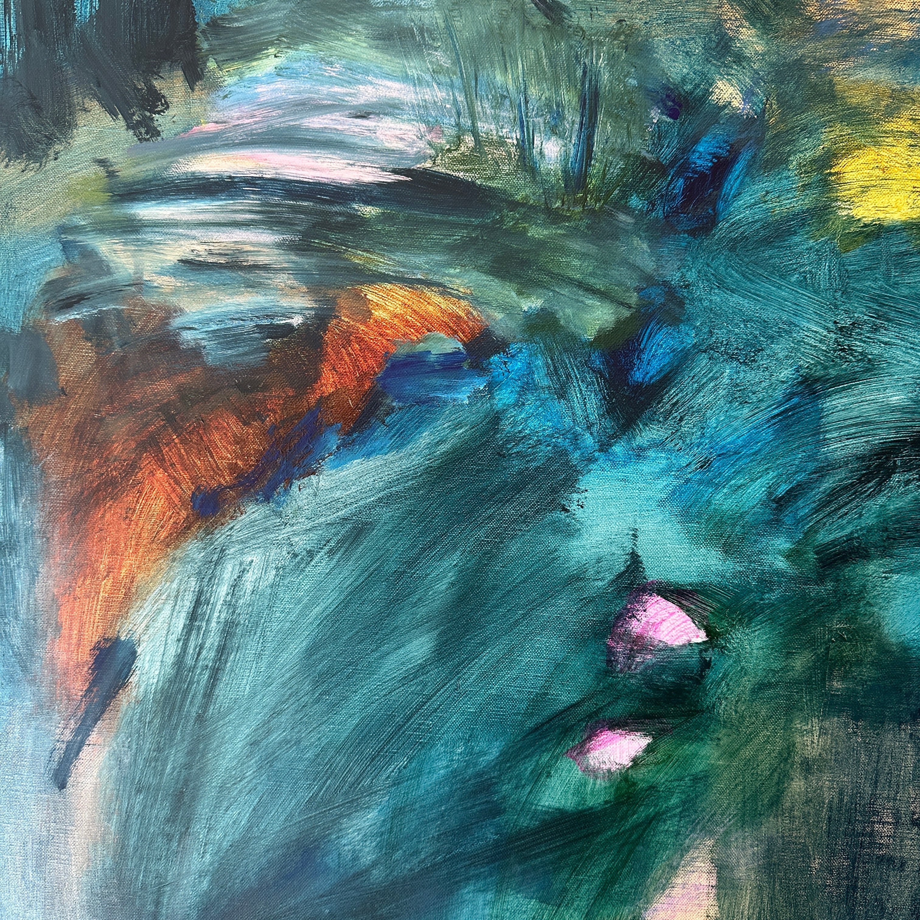 Close-up detail of abstract expressionist painting in vibrant blue and complimentary colours with an inspiring energetic vibe.