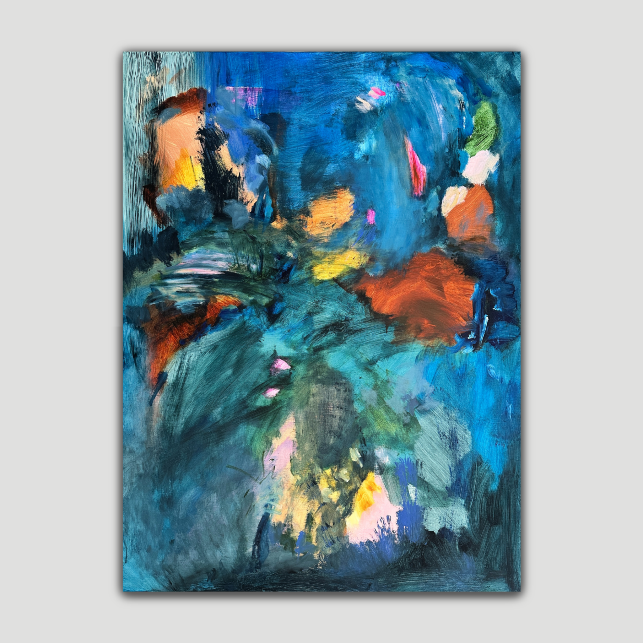 Abstract expressionist painting in blue, green, pink, yellow and brown - front view