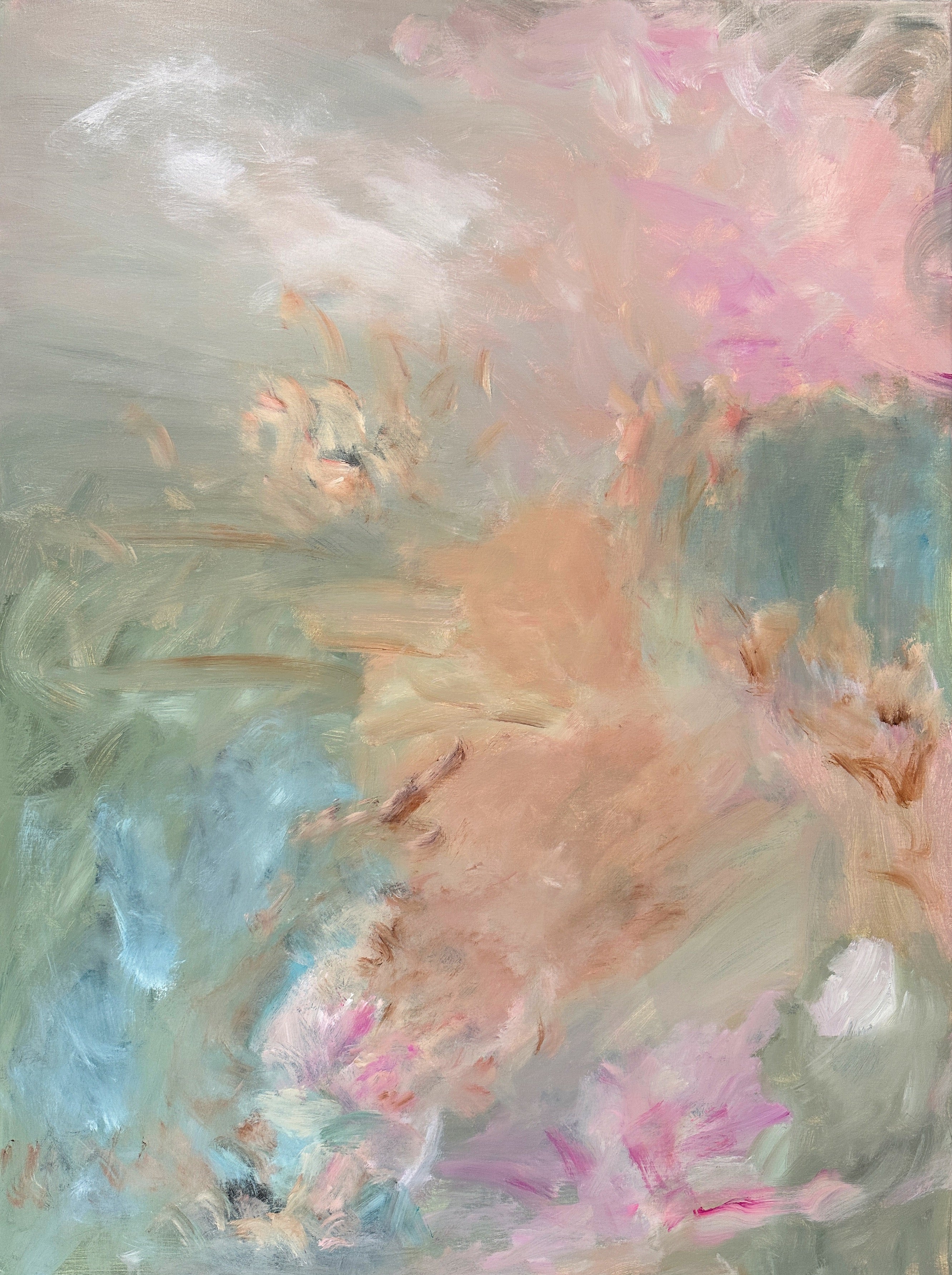 Mystical, abstract expressionist painting "Exhale" in pastel tones of pink, blue, green and apricot - cropped front view