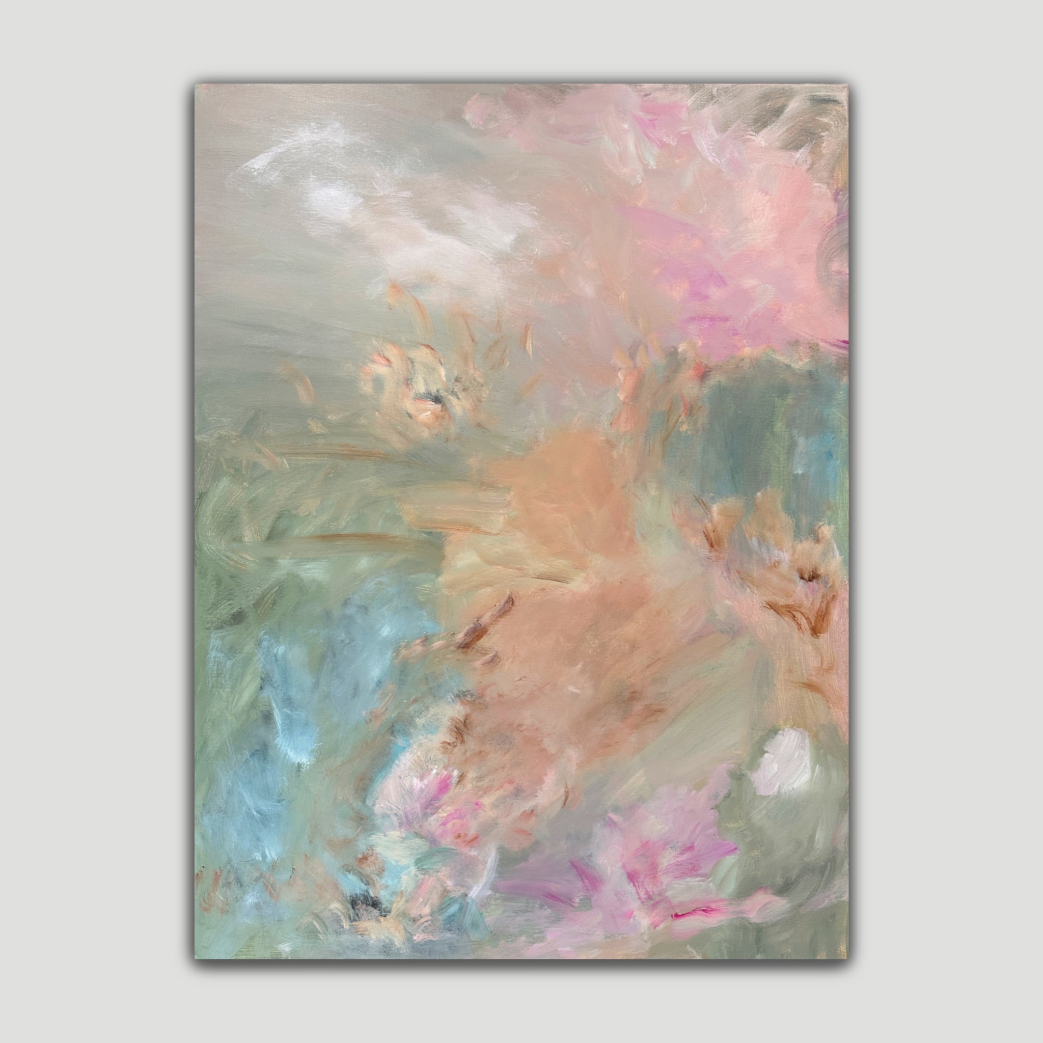 Ethereal, soothing abstract painting with fluid gestures in soft, muted colours - front view