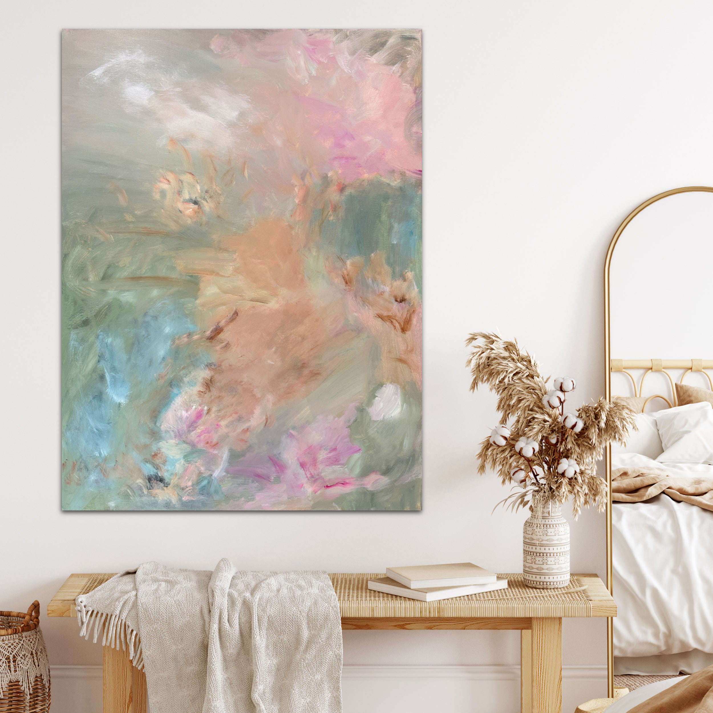 Calming abstract painting on canvas hanging on wall in nature inspired bedroom
