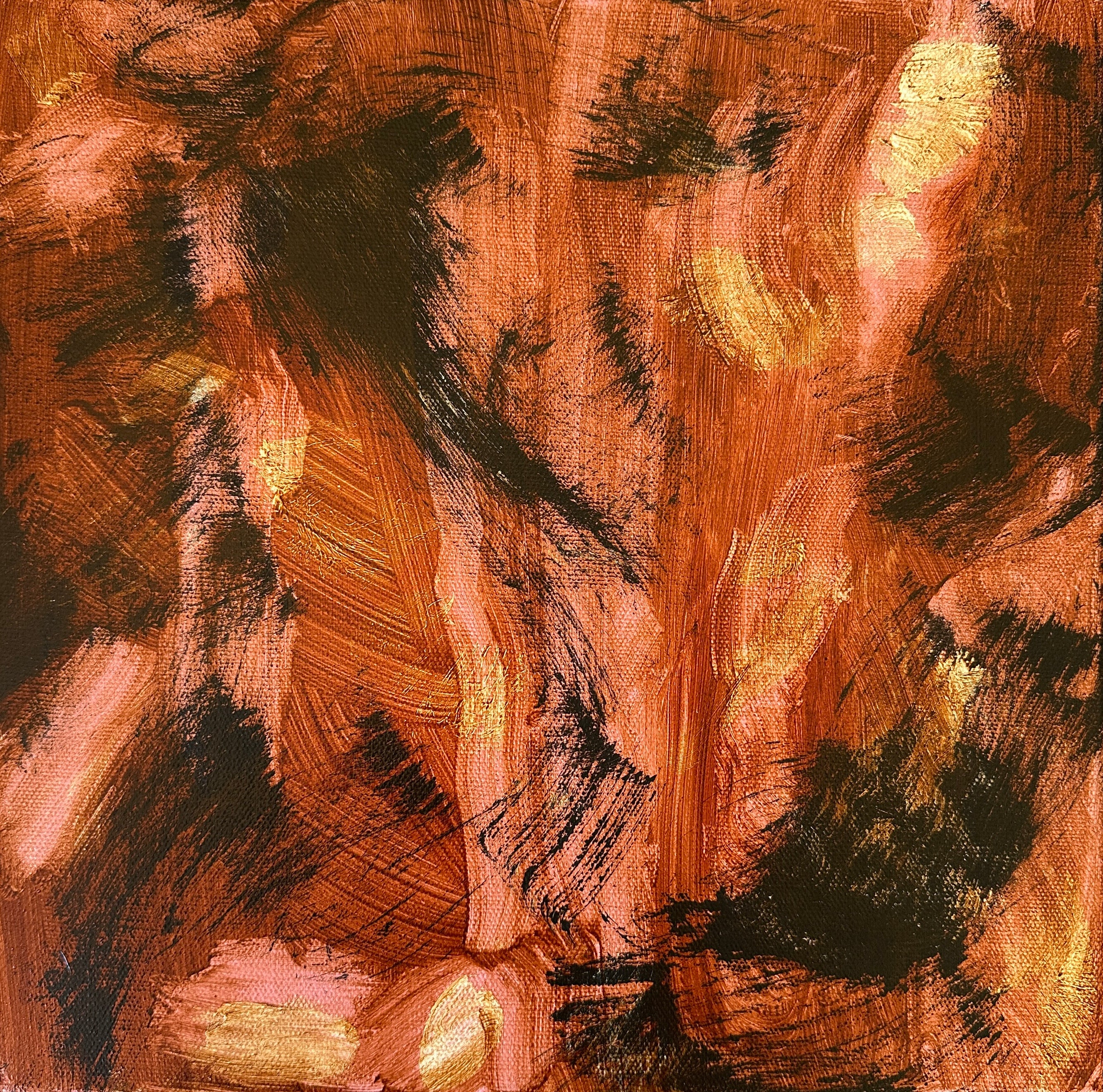 Small square contemporary abstract painting in brown, pink, white and black - cropped front view