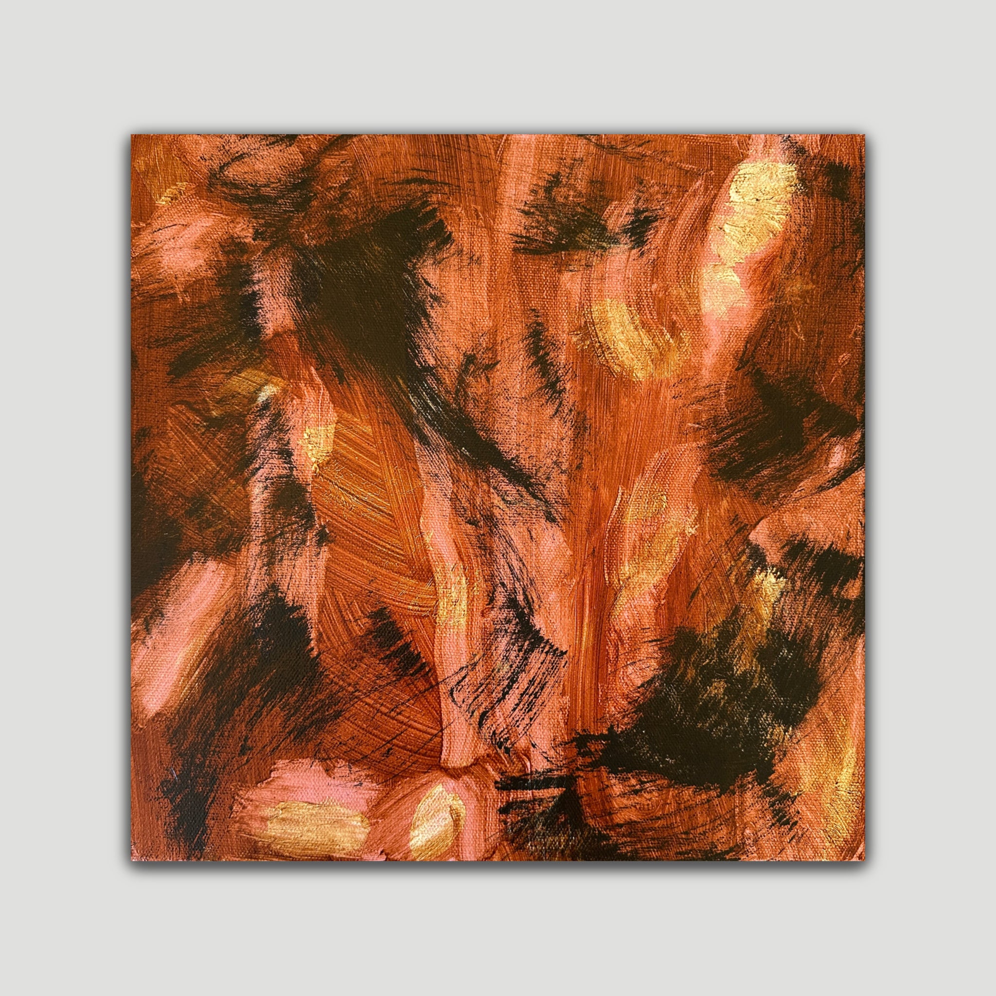 Expressive brown abstract painting with accents in pink, black and white - front view