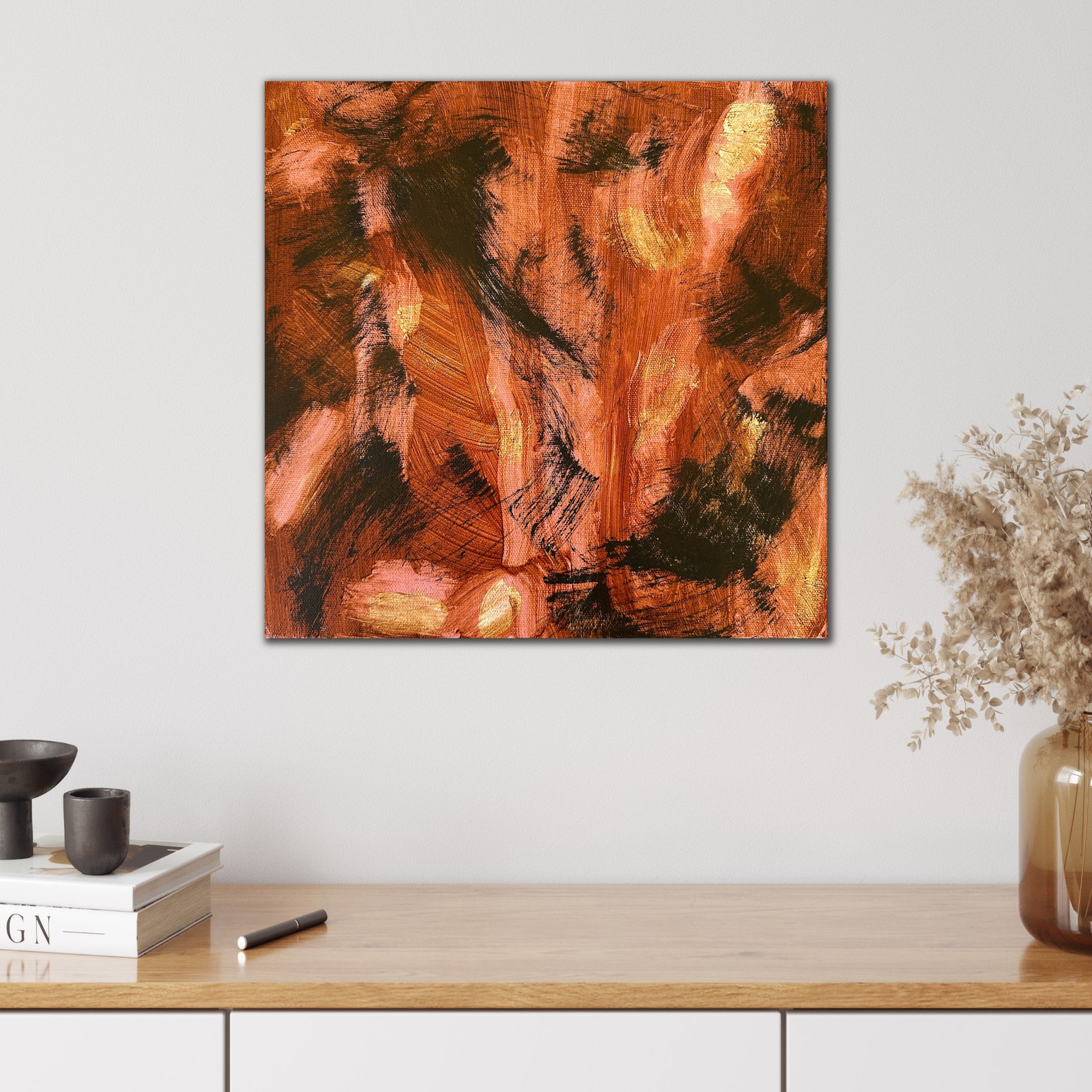 Brown abstract painting hanging in contemporary home