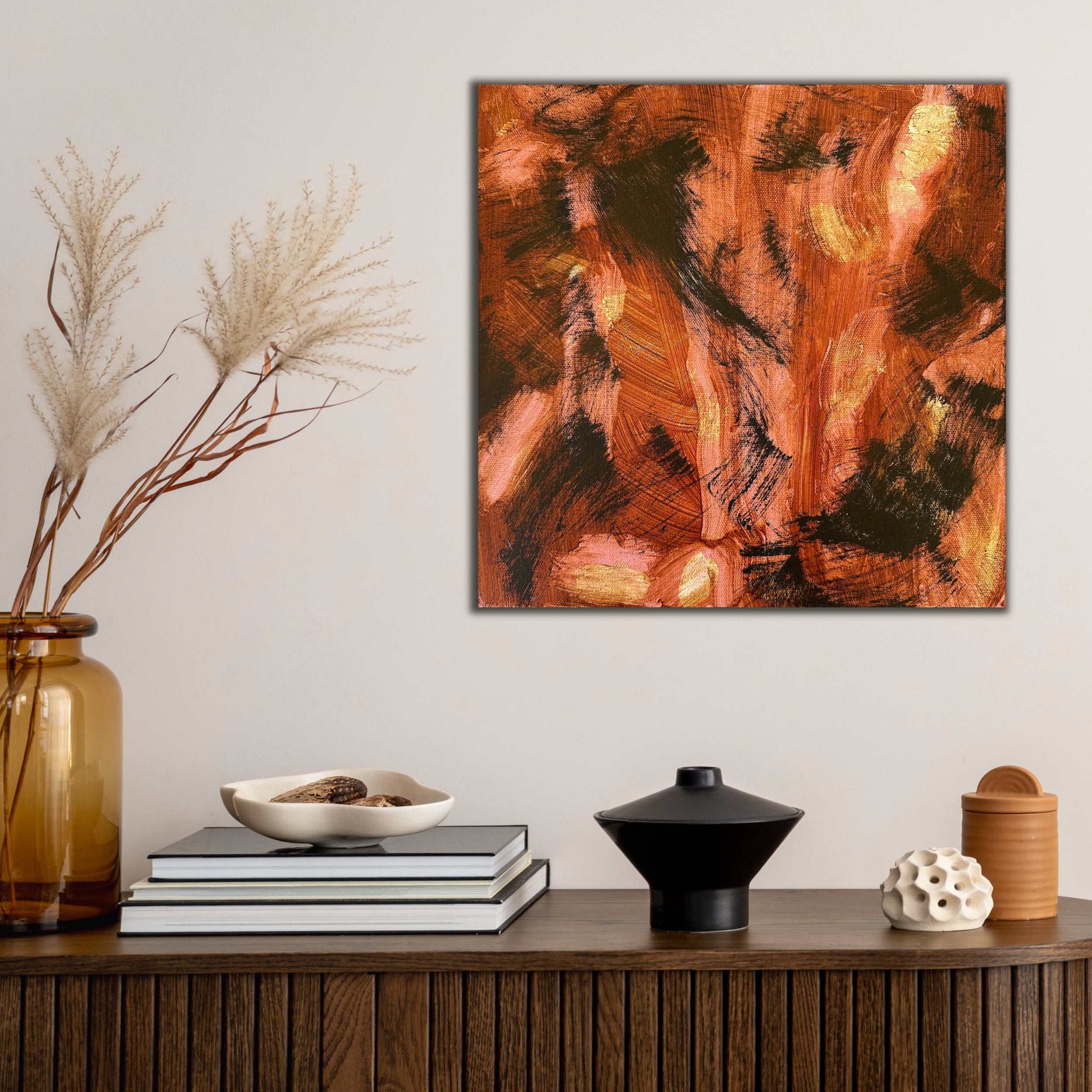 Square modern abstract artwork hanging in stylish modern home with neutral furnishings and homewares