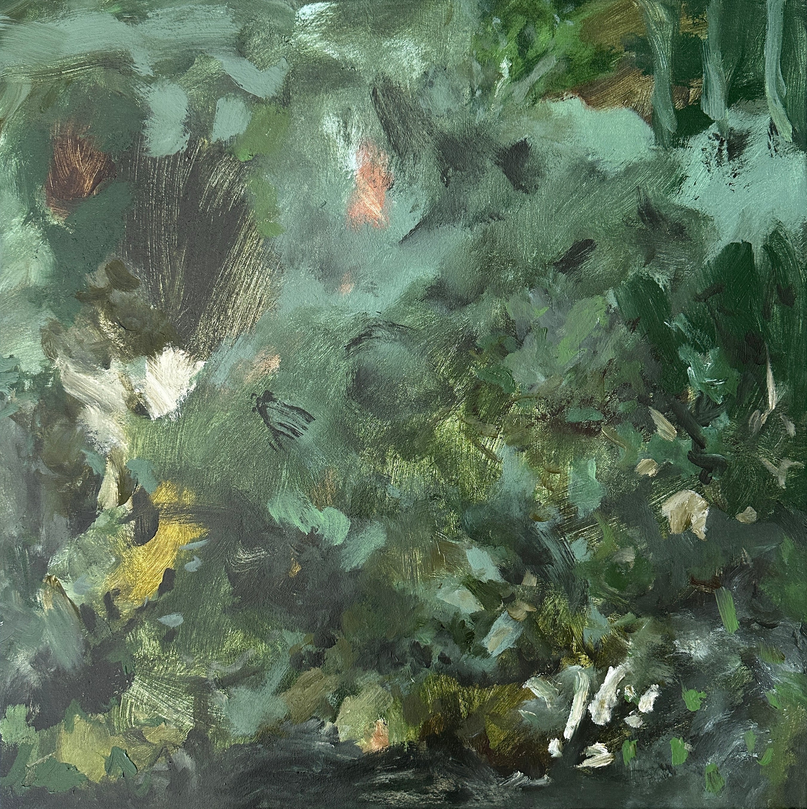 Abstract painting inspired by trees and plants, in green and brown colours