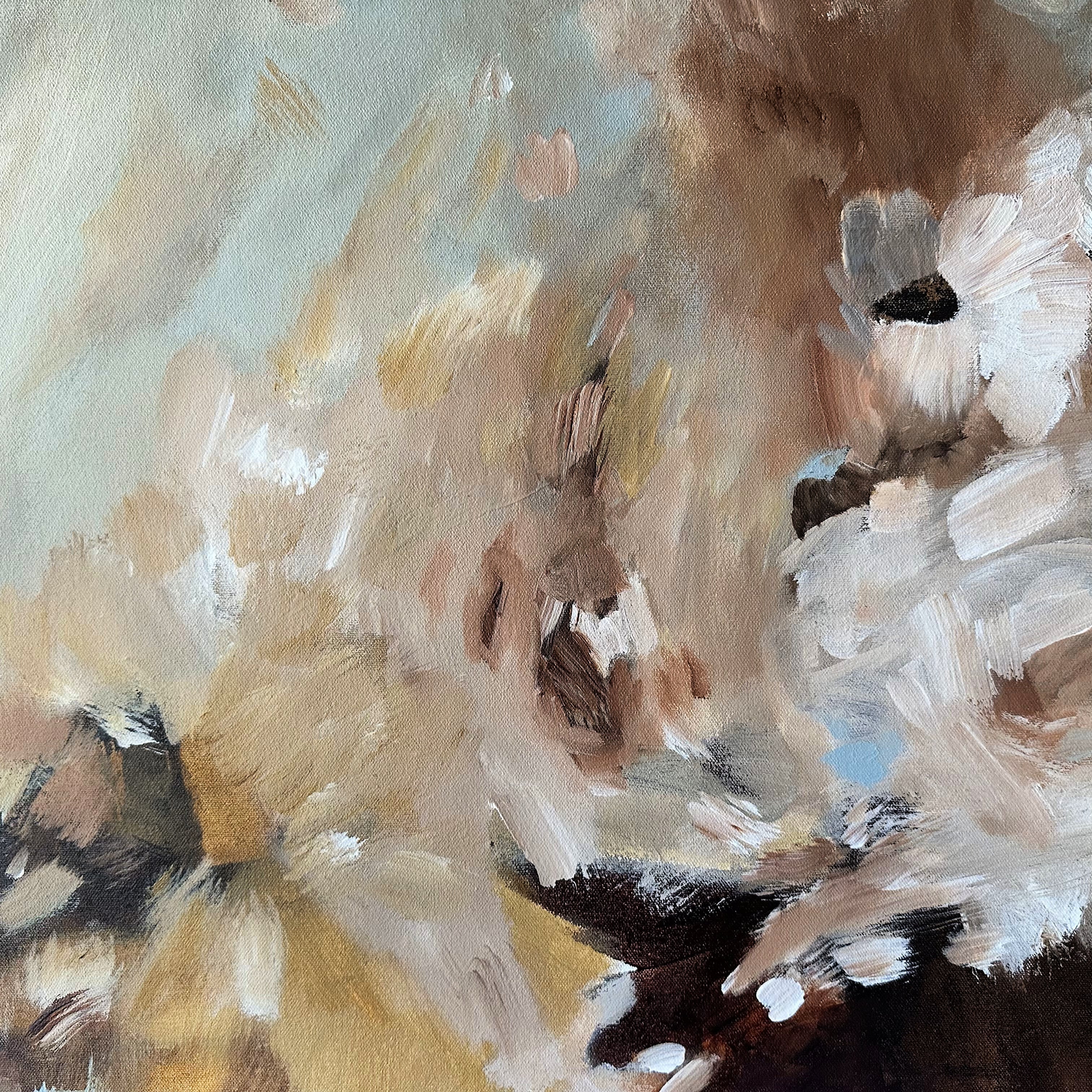Close-up detail of gestural brushstrokes of abstract expressionist painting on canvas in soft bule, brown, beige, white and ochre