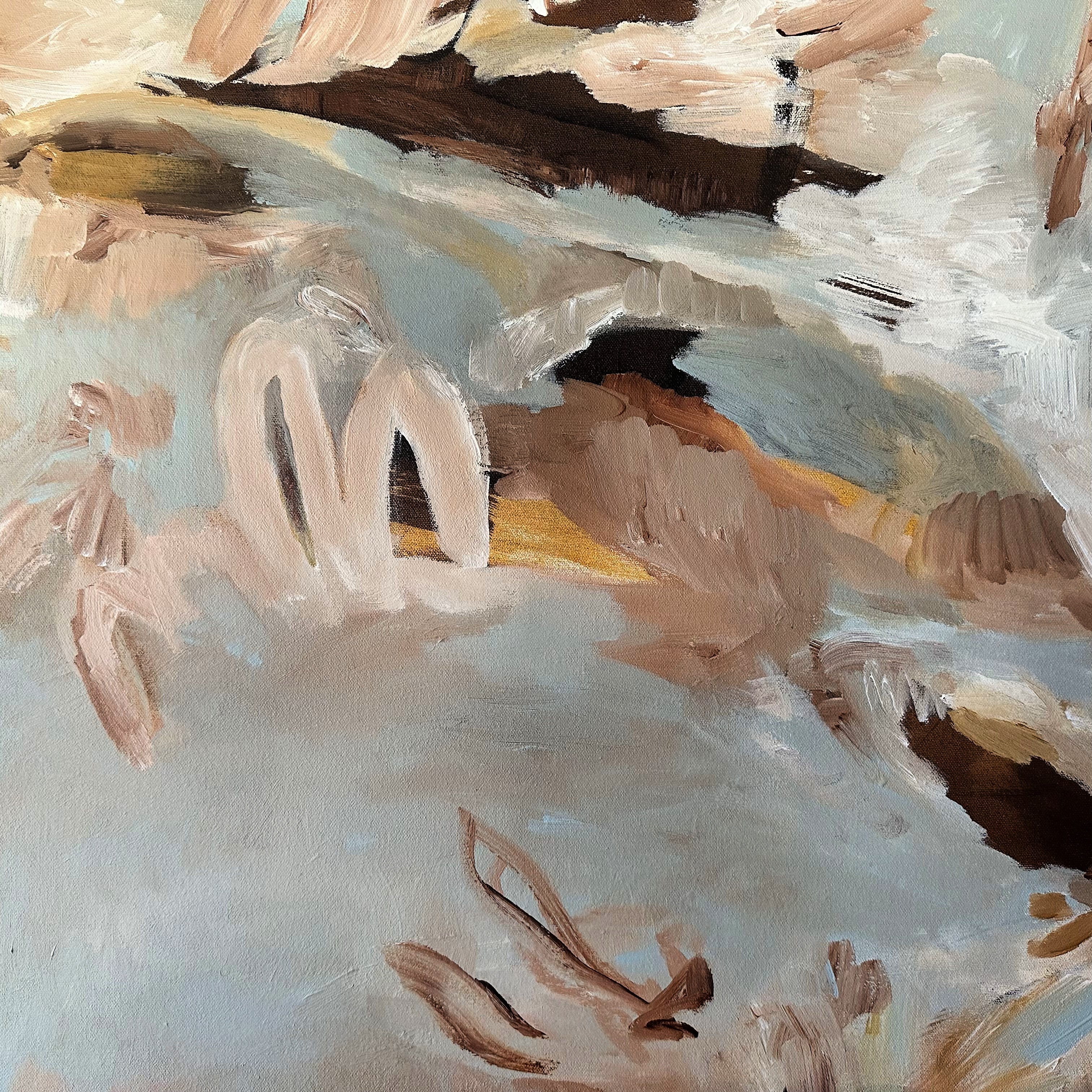 Close-up detail of expressive brushstrokes from abstract painting on canvas