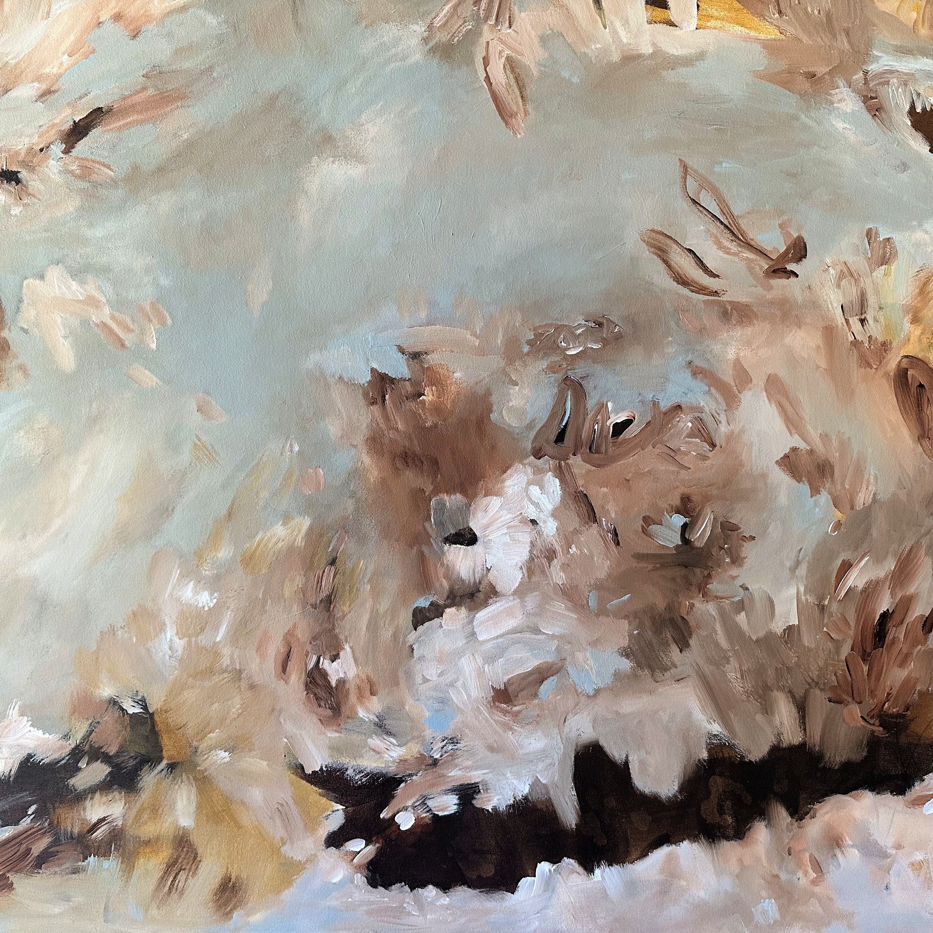 Close-up detail of painterly brushstrokes of canvas abstract painting