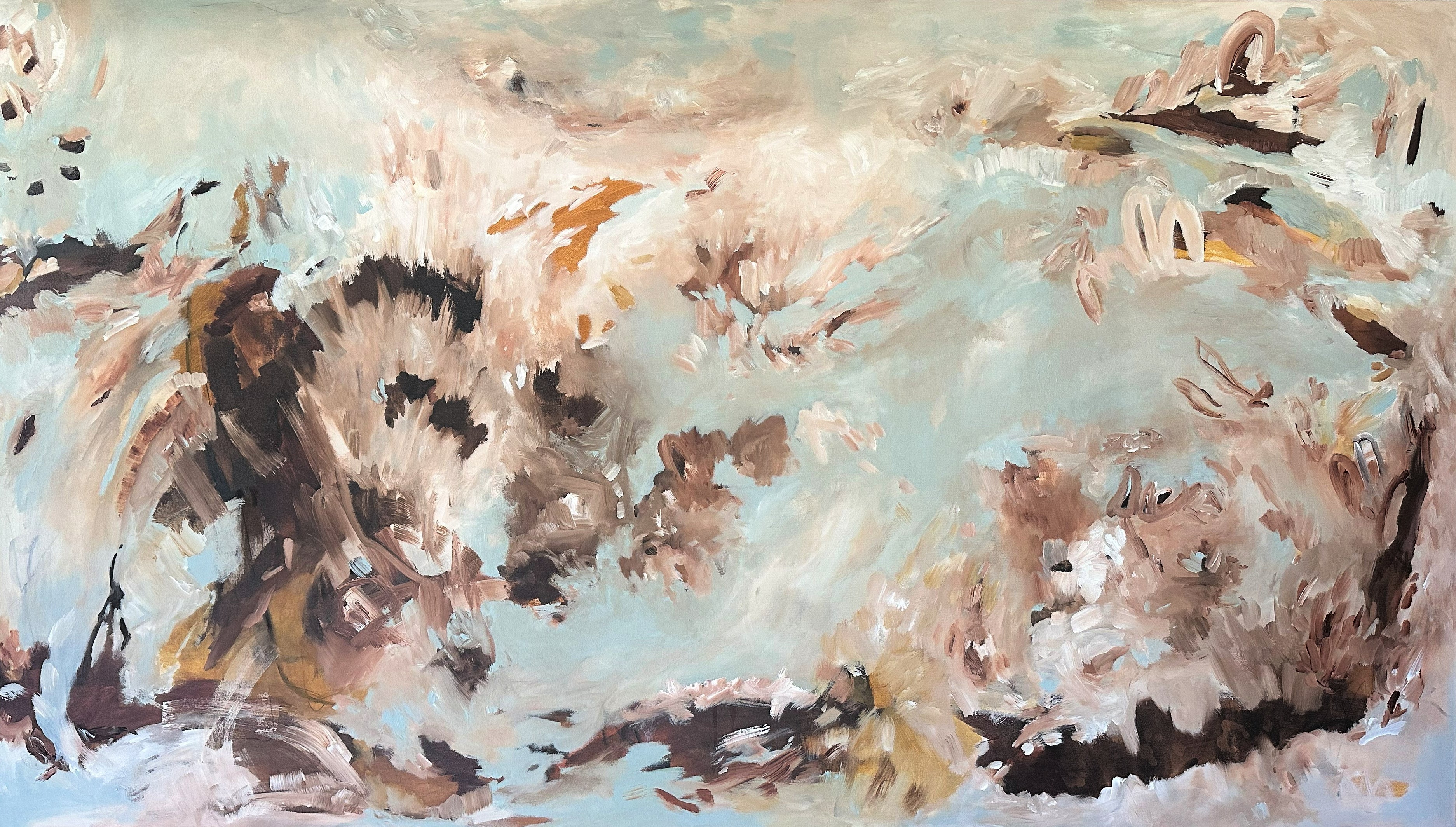 Large abstract expressionist painting "Flight Of Fancy" in soft blue colour - cropped front view