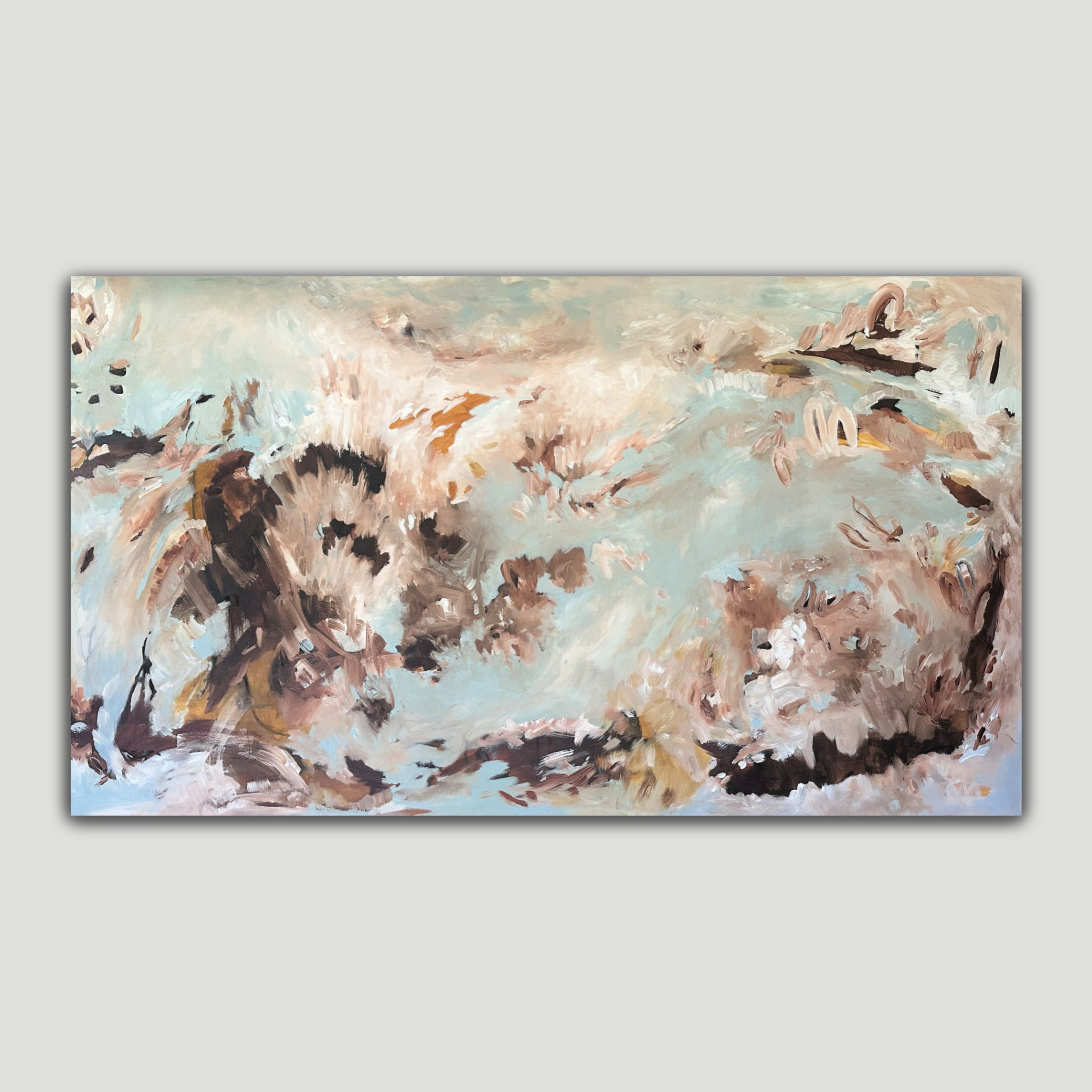 Extra-large painting on canvas in abstract expressionist style in blue, brown and white – front view