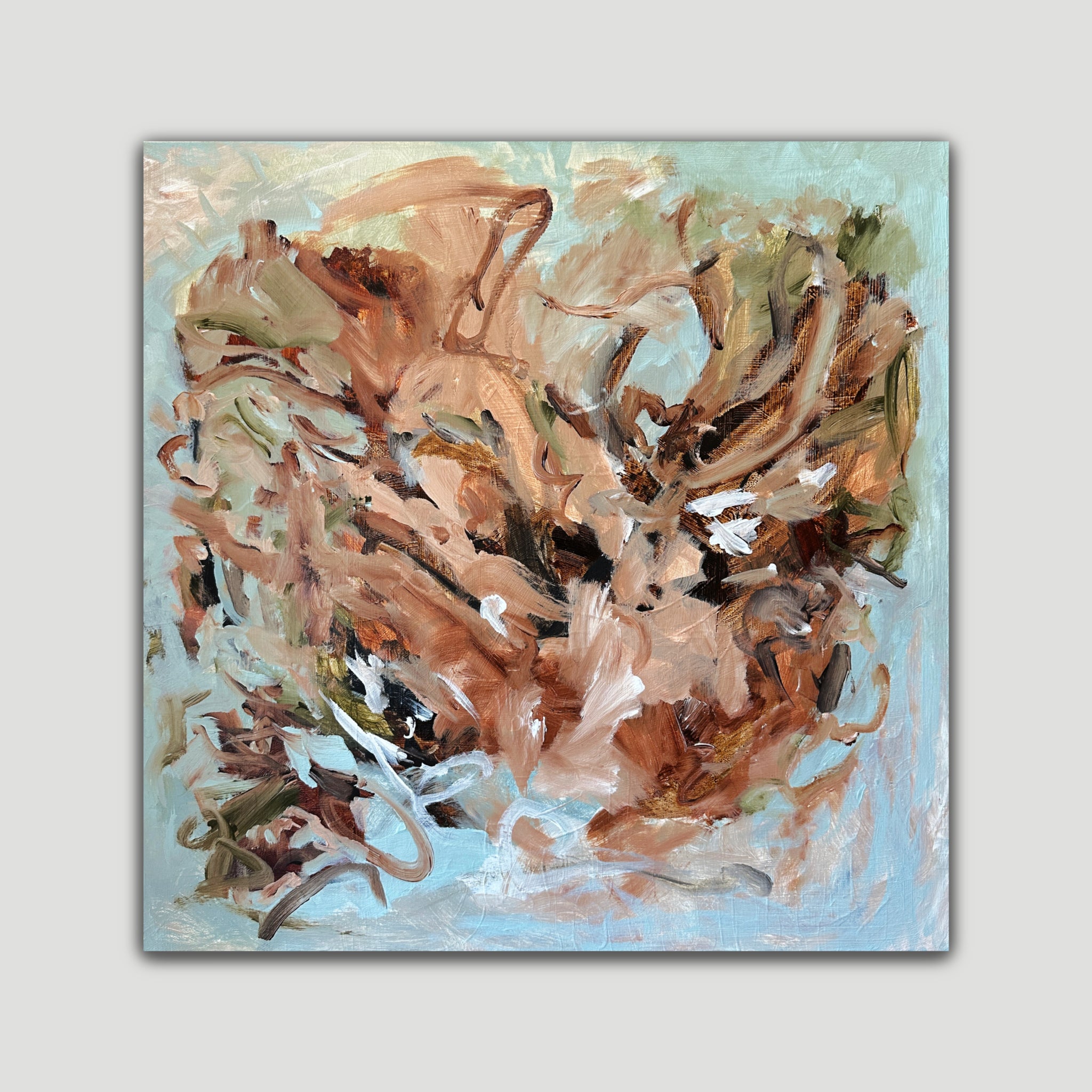 Square, abstract painting alluding to a flower through gestural, expressive brushtstrokes in light blue, brown, beige, olive green and white - front view
