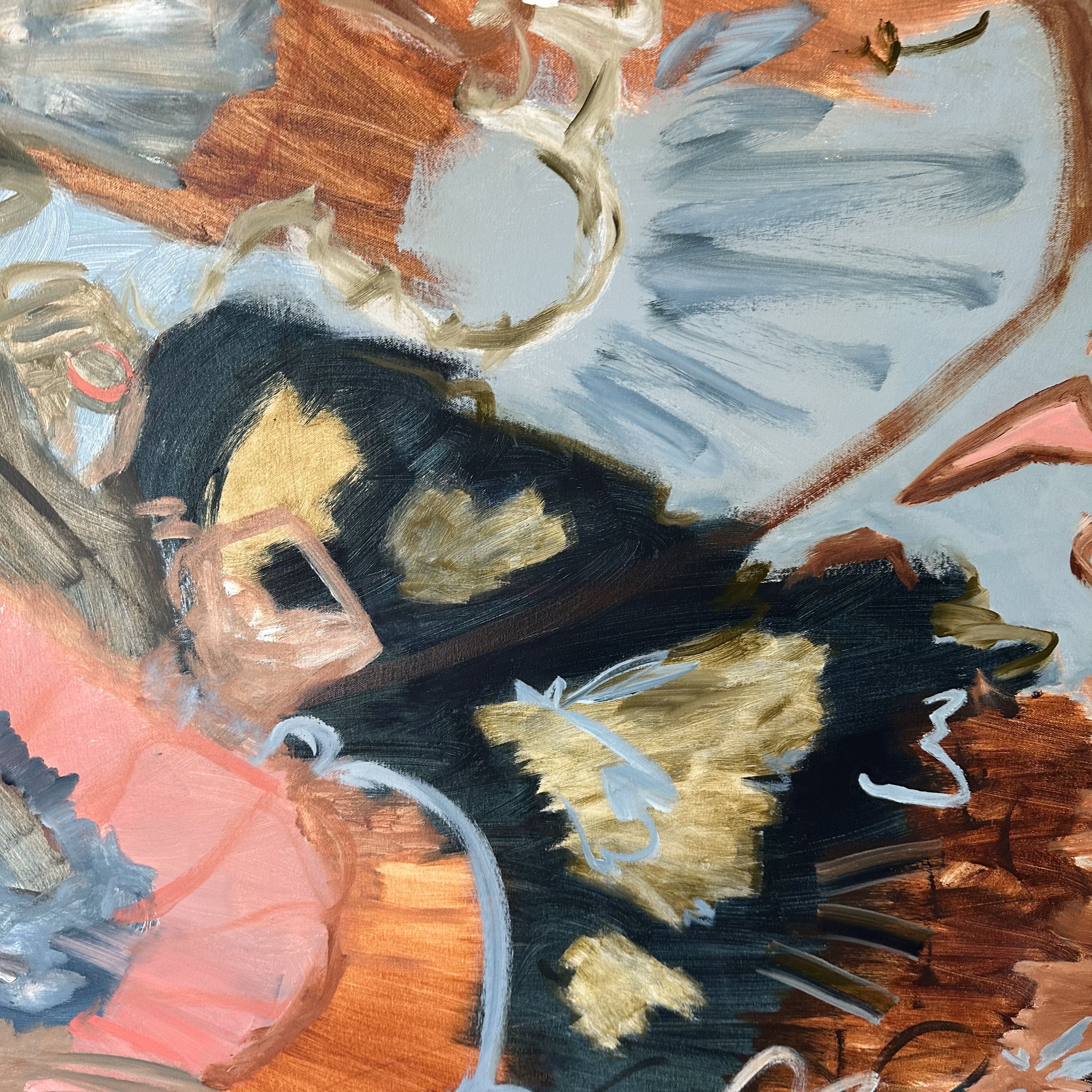 Close-up detail of expressive brushstrokes of boho painting on canvas