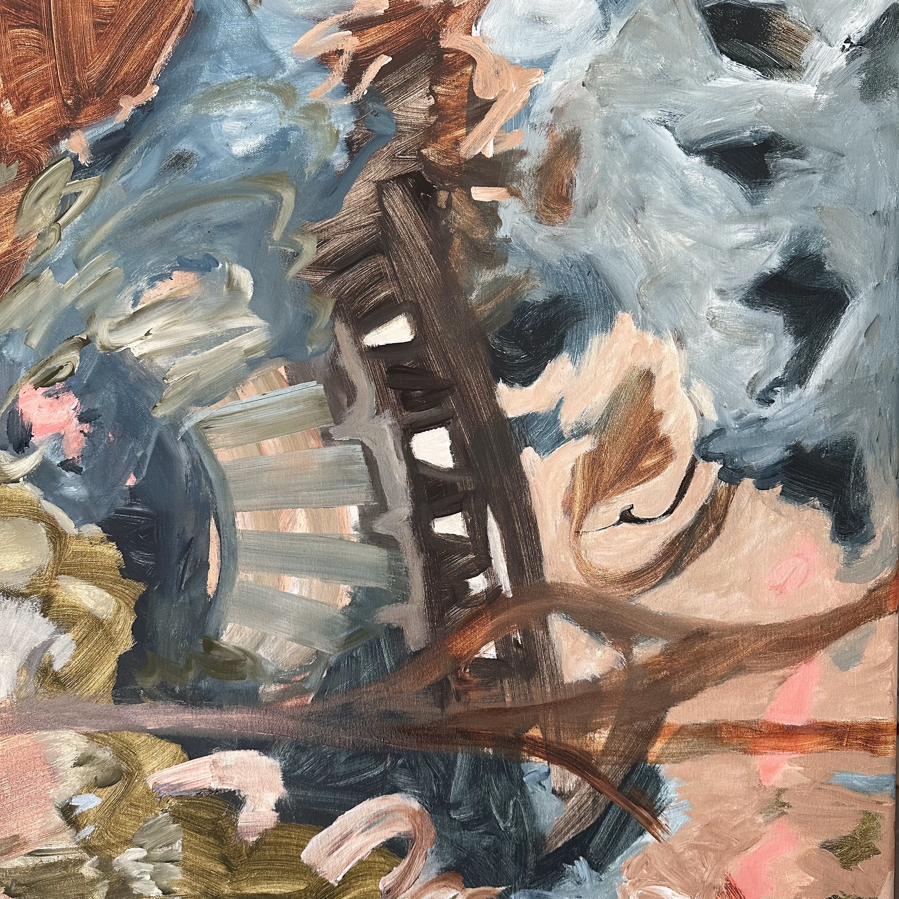 Close-up detail of gestural painting and mark-making of abstract expressionist painting on canvas