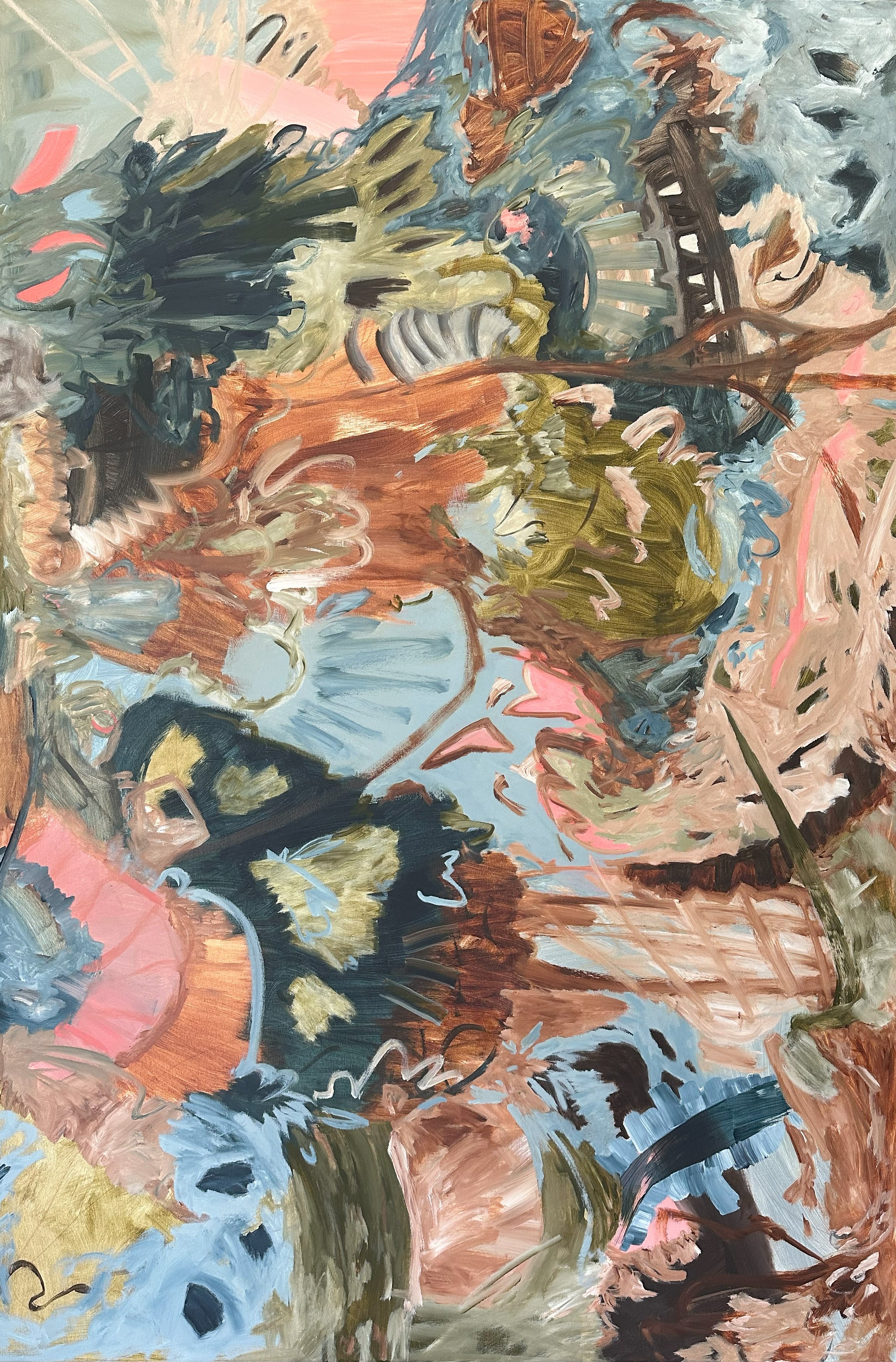 Large abstract expressionist painting in muted colours - front view - portrait orientation