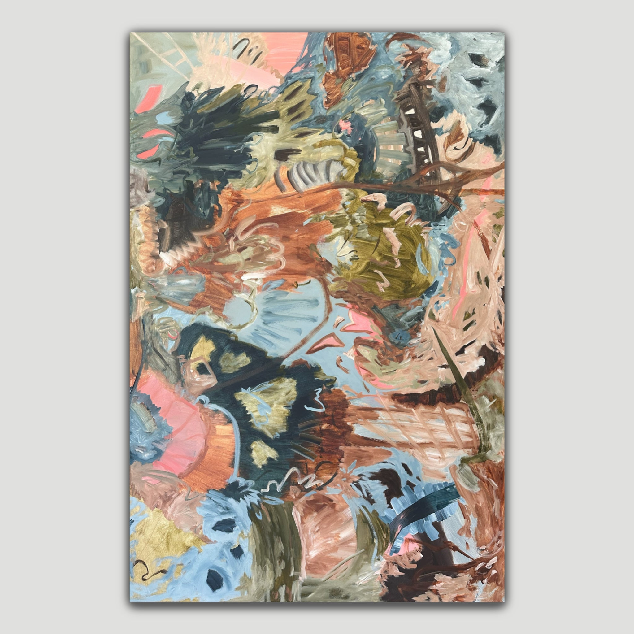 Large abstract expressionist painting in bohemian style in blue, green pink and brown - front view - portrait orientation