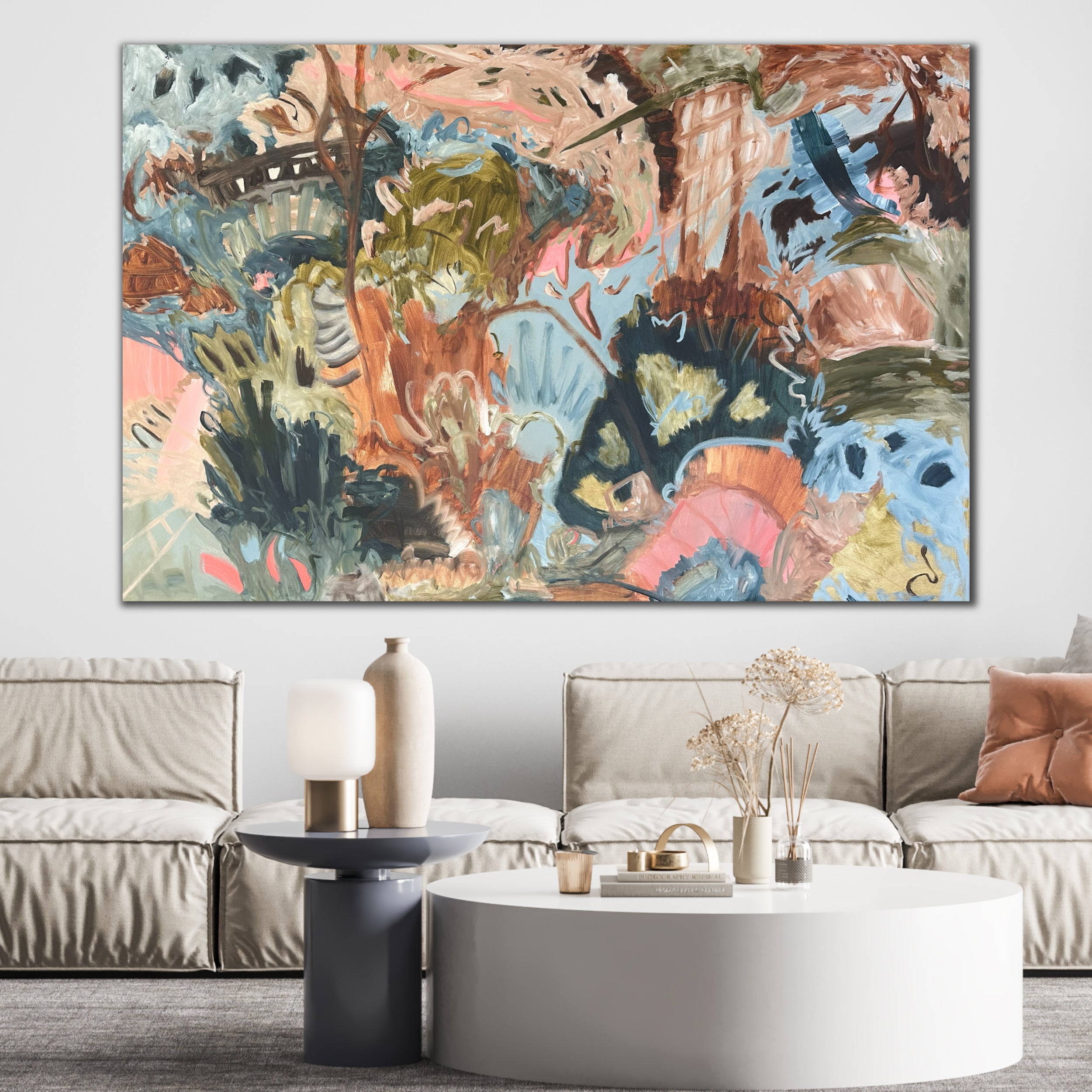 Large artwork "Fly Away With Me" by Kylie Sams hanging in neutral modern living room