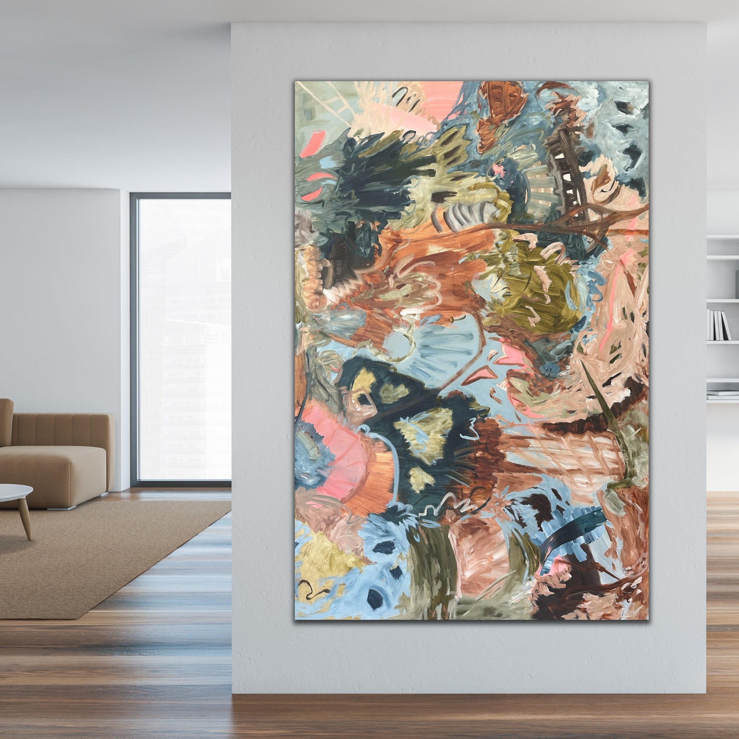 Large abstract painting "Fly Away With Me" with soothing vibe hanging on wall in modern home