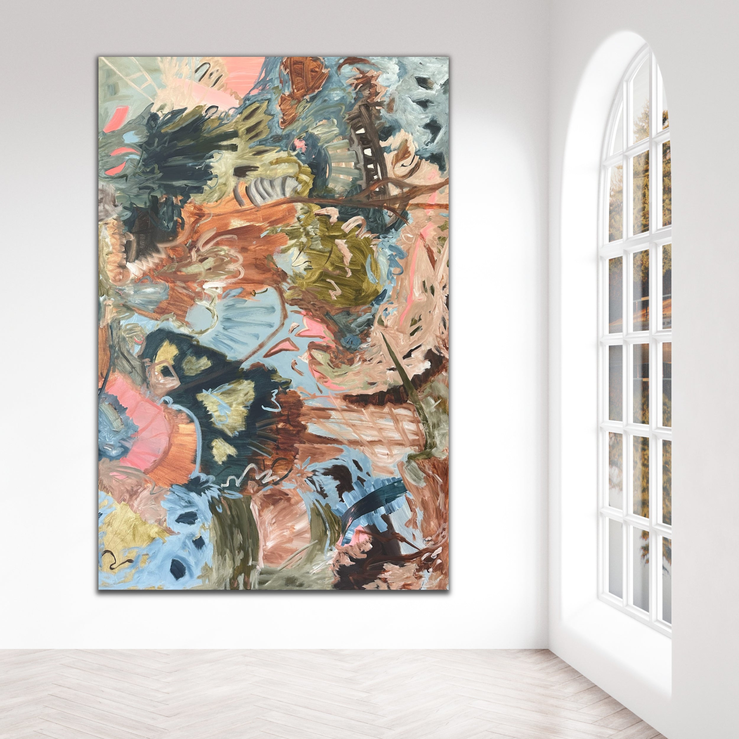 Expressive large abstract painting hanging on wall in Los-Angeles style home interior