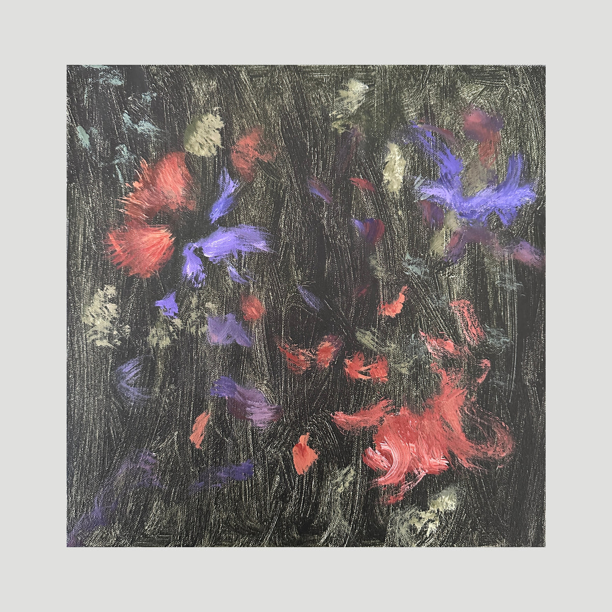 A square abstract painting 'Forever and Always' by Kylie Sams in an expressive style featuring rusty red, purple, black, and pale green on a background of black and dark green alluding to flowers and petals blowing in the breeze in nature.